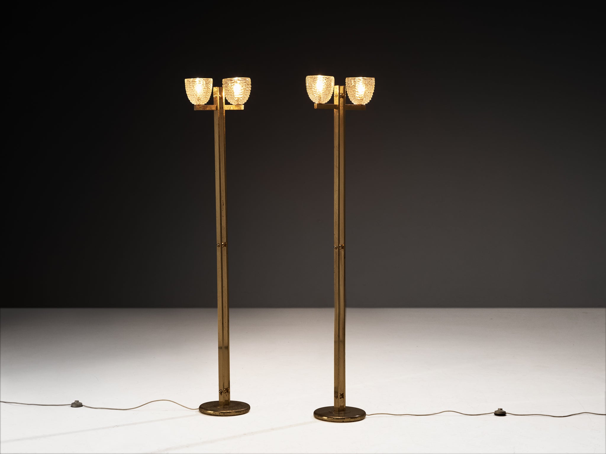 Pair of Mid-Century Modern Italian Brass Floor Lamps with Textured Glass Bulbs
