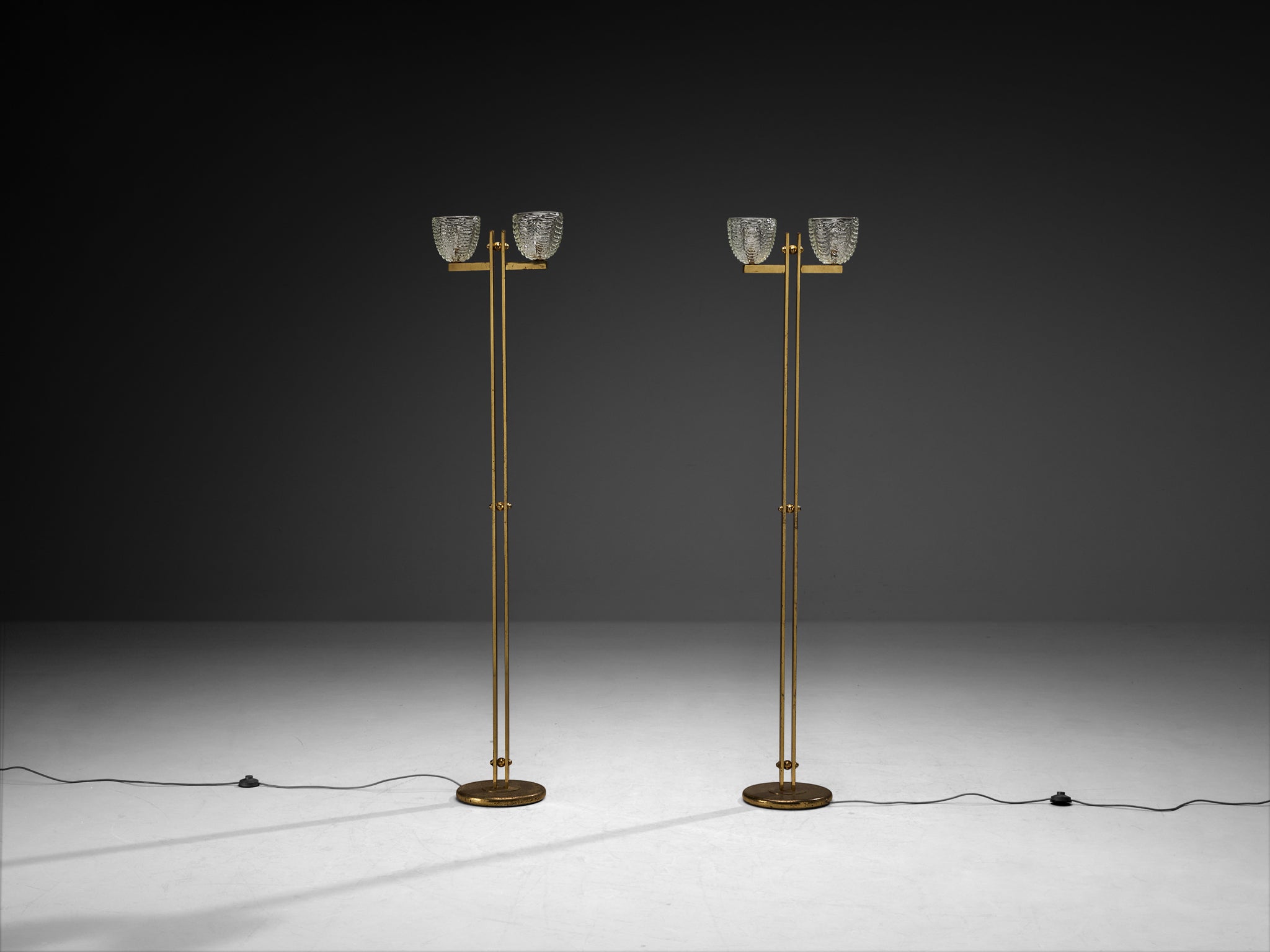 Pair of Mid-Century Modern Italian Brass Floor Lamps with Textured Glass Bulbs
