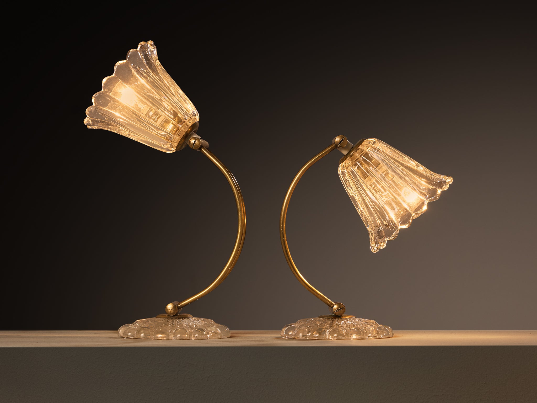 Pair of Late Art Deco Italian Table Lamps in Brass and Glass Lighting Morentz