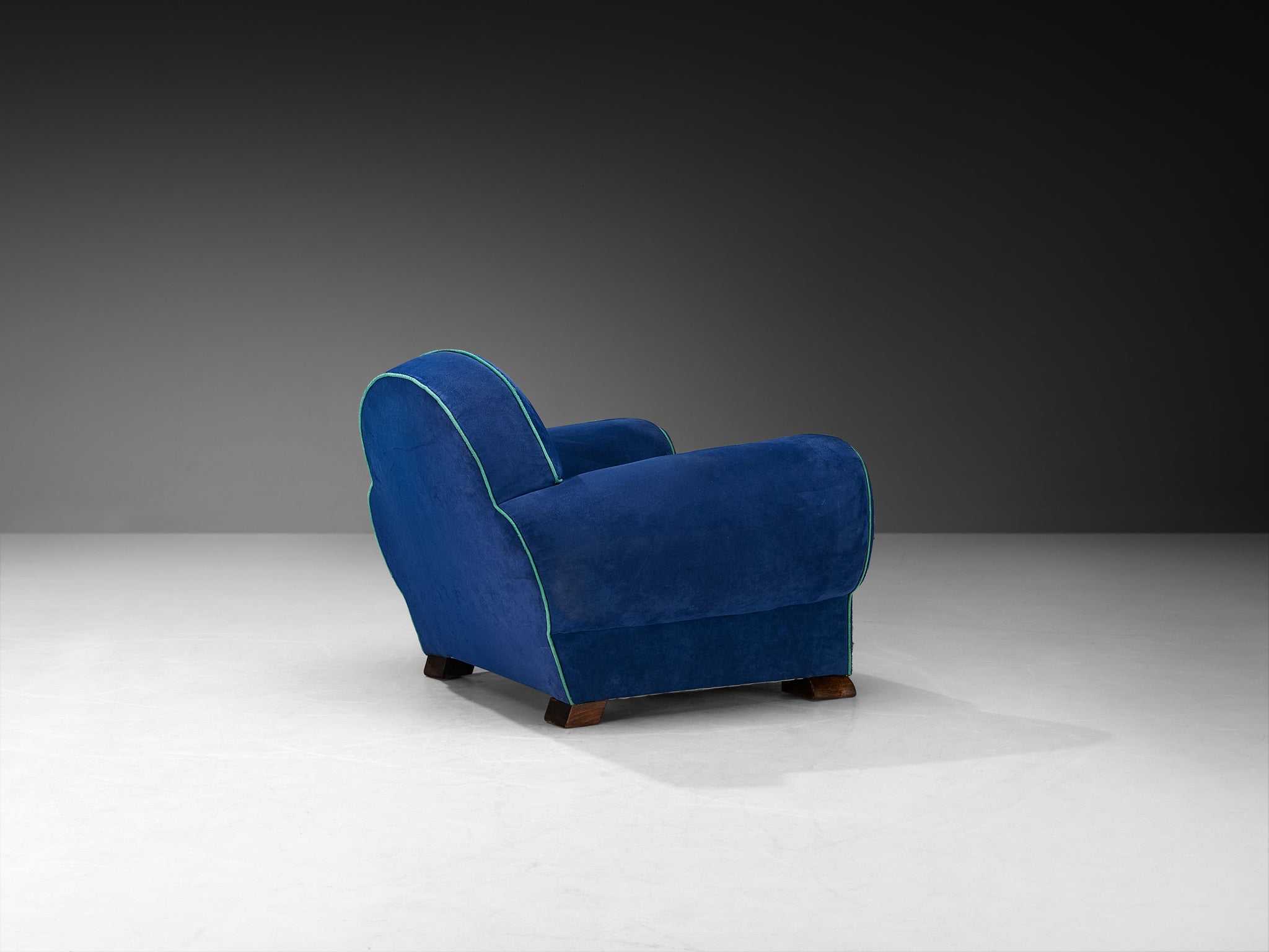 1930s Pair of French Art Deco Lounge Chairs in Blue Upholstery