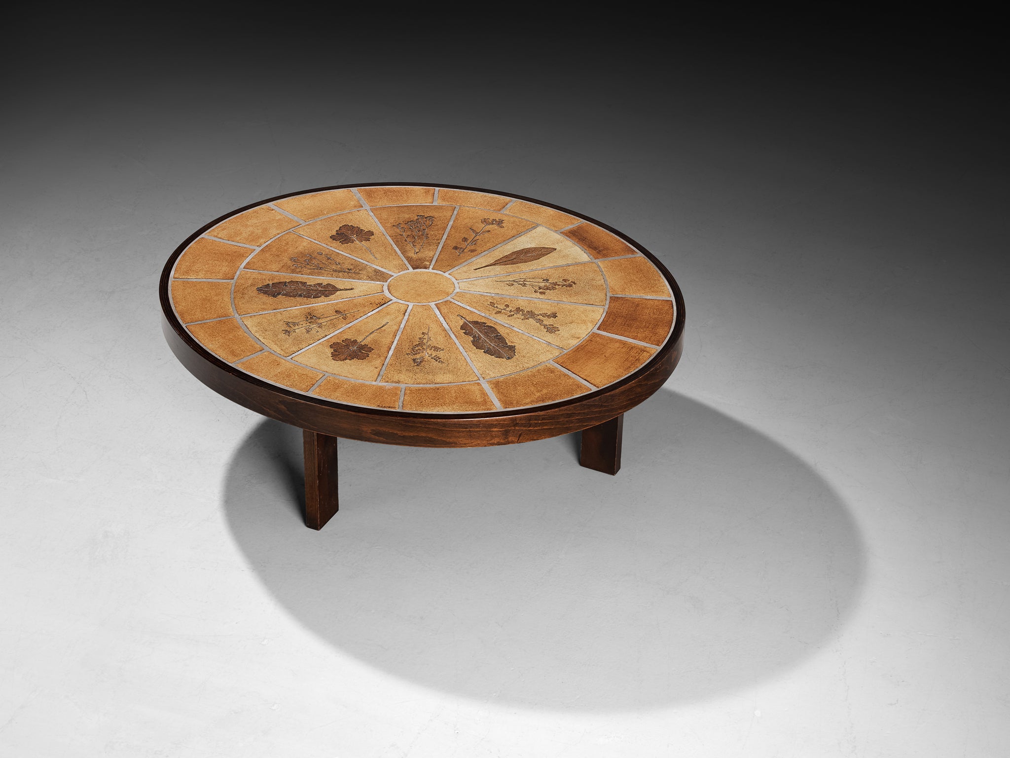 Roger Capron Round Coffee Table with Floral Imprints in Ceramic and Wood Tables Morentz