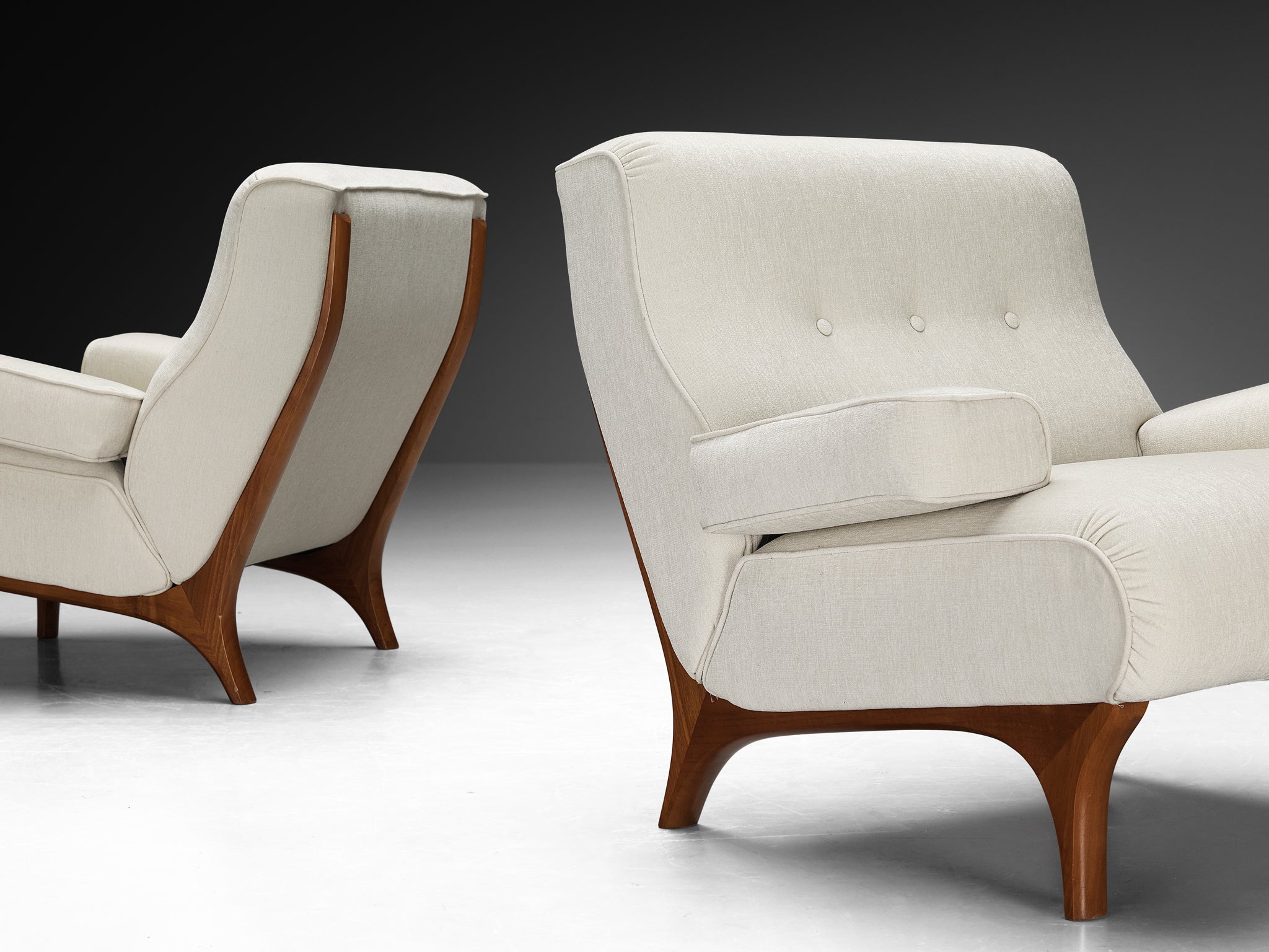 Eugenio Gerli for Tecno Pair of Lounge Chairs in Mahogany and Chenille Seating Morentz