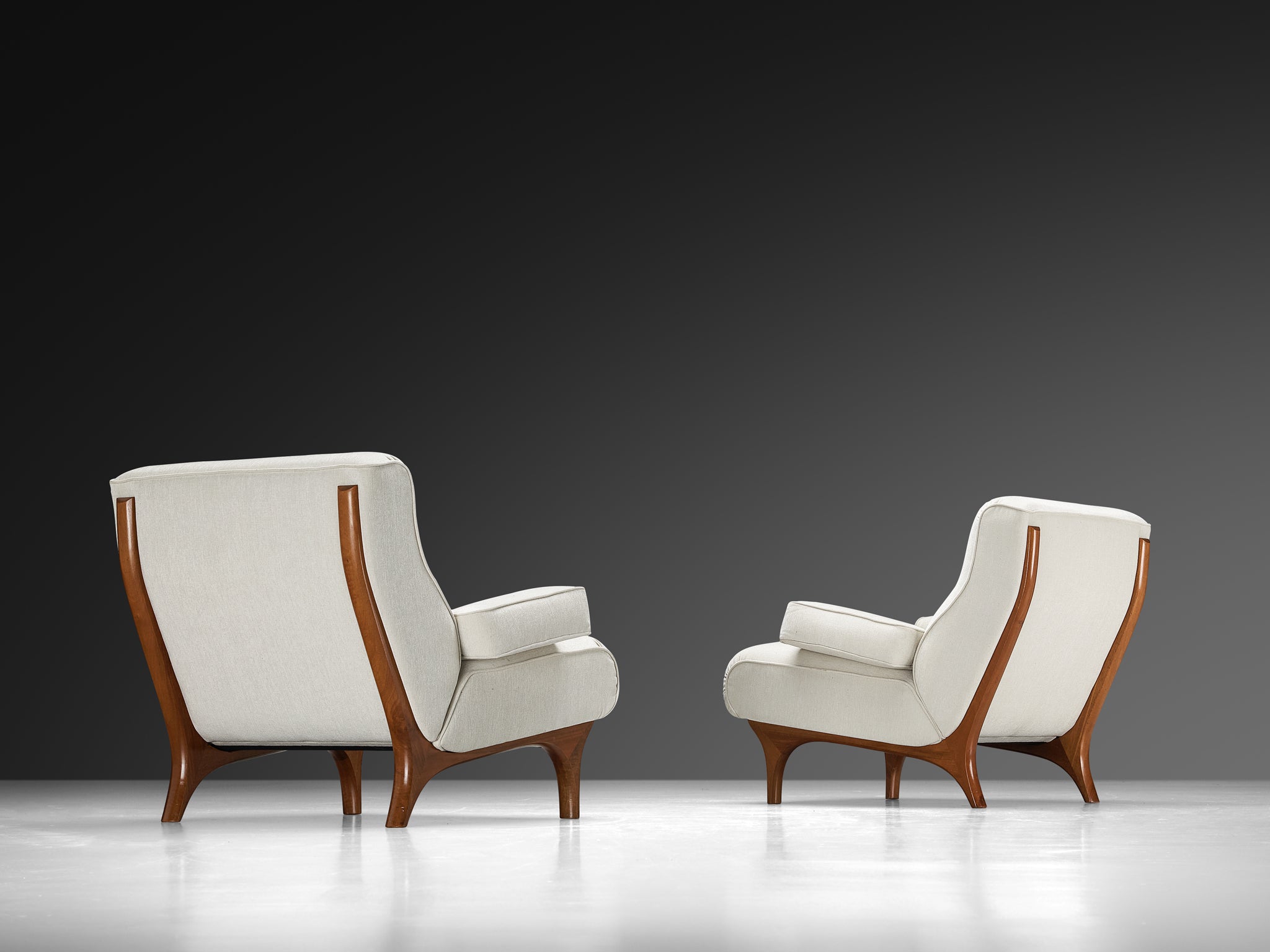 Eugenio Gerli for Tecno Pair of Lounge Chairs in Mahogany and Chenille Seating Morentz