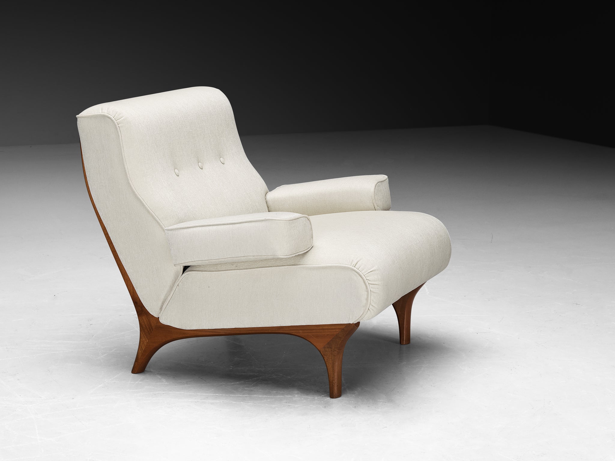 Eugenio Gerli for Tecno Pair of Lounge Chairs in Mahogany and Chenille Seating Morentz