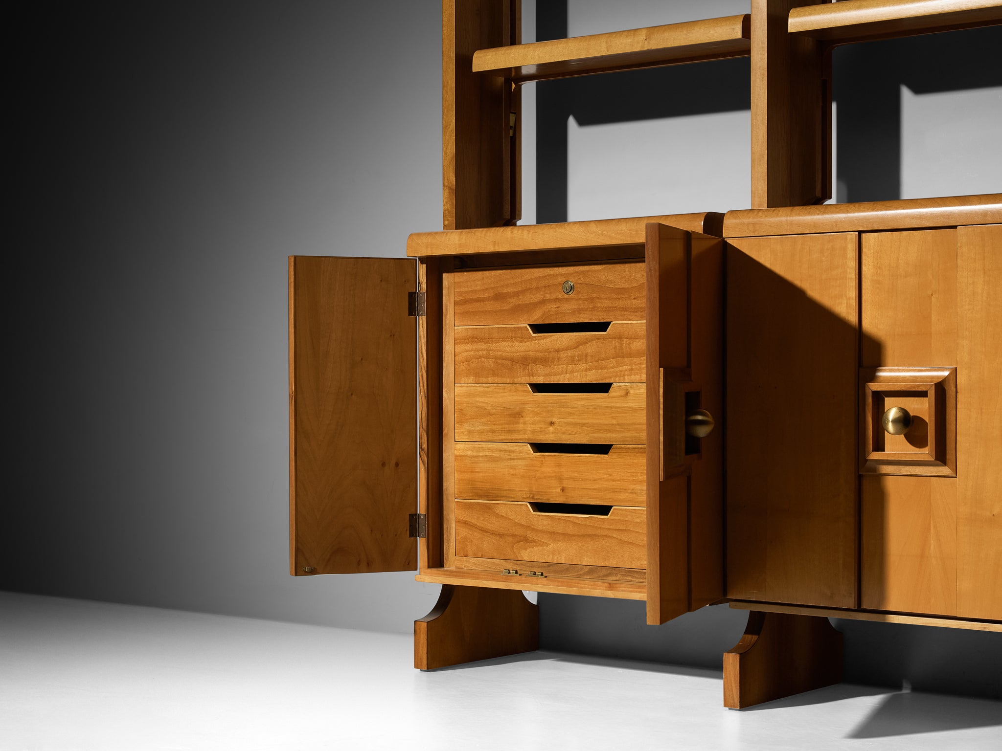 Large Italian Postmodern Wall Unit in Walnut and Brass Case pieces and storage cabinets Morentz