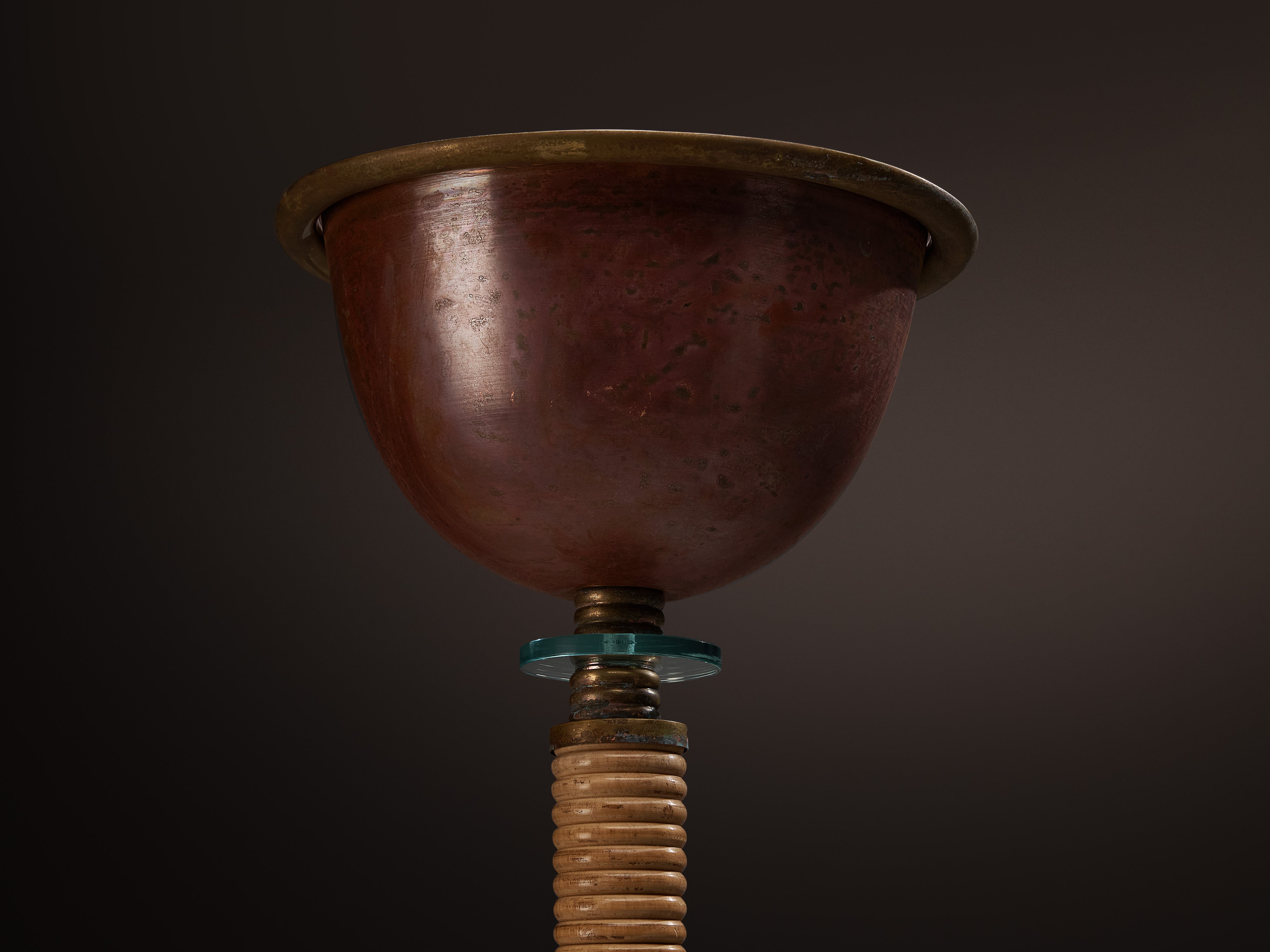 Rare Marcello Piacentini 1920s Floor Lamp in Patinated Copper and Maple Lighting Morentz