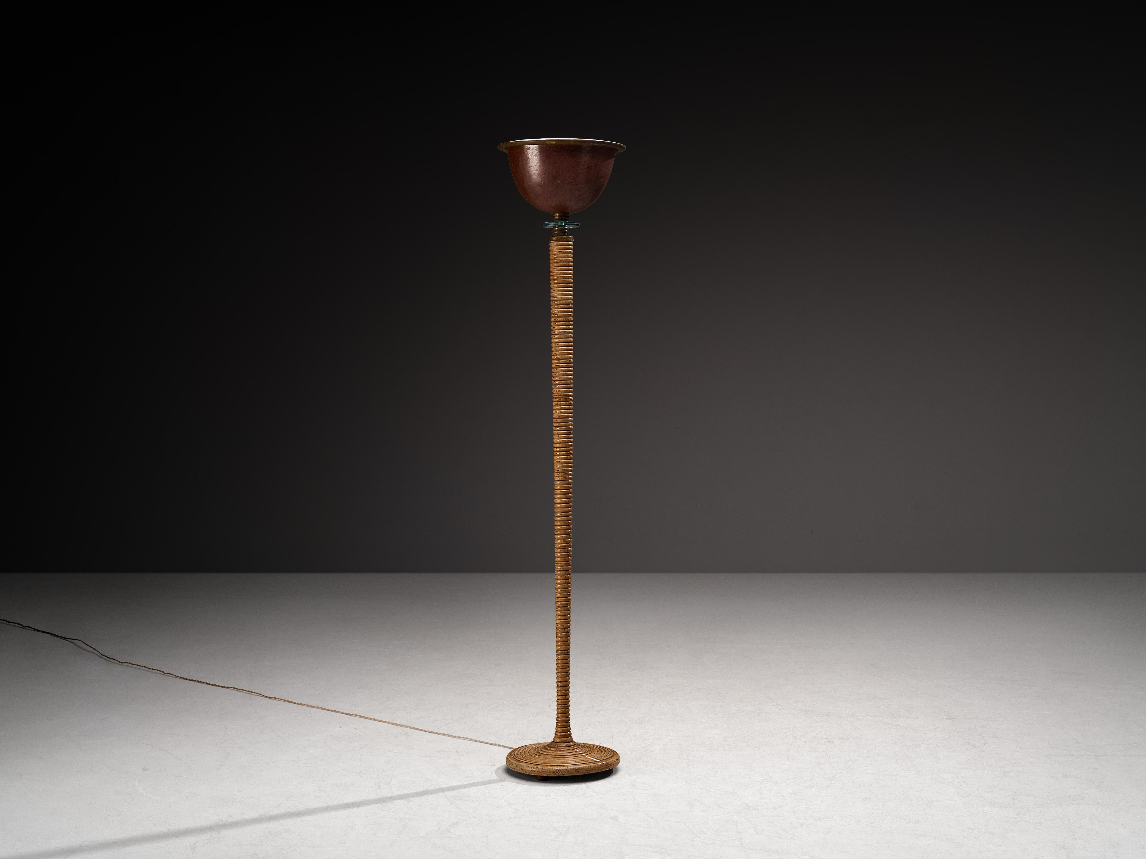 Rare Marcello Piacentini 1920s Floor Lamp in Patinated Copper and Maple Lighting Morentz