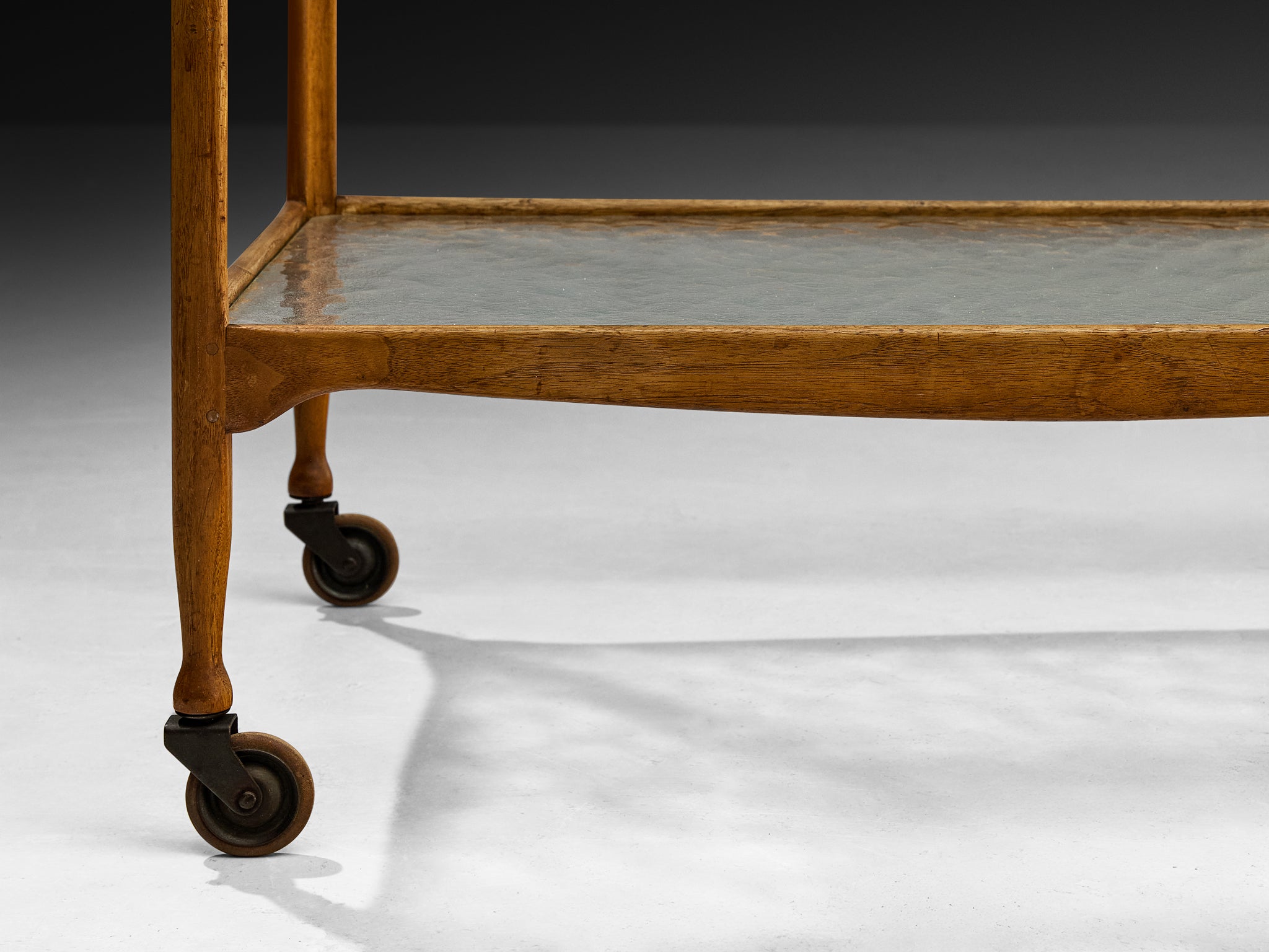 Rare Hand-Carved Peder Moos Trolley in Teak and Glass Tables Morentz