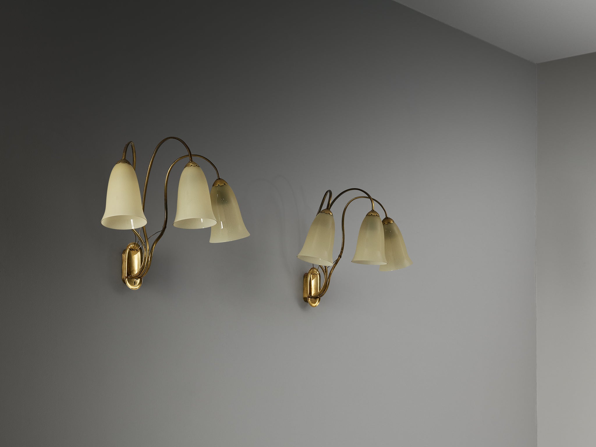Rare Paavo Tynell for Taito Oy Pair of '9405' Wall Lights in Brass and Glass