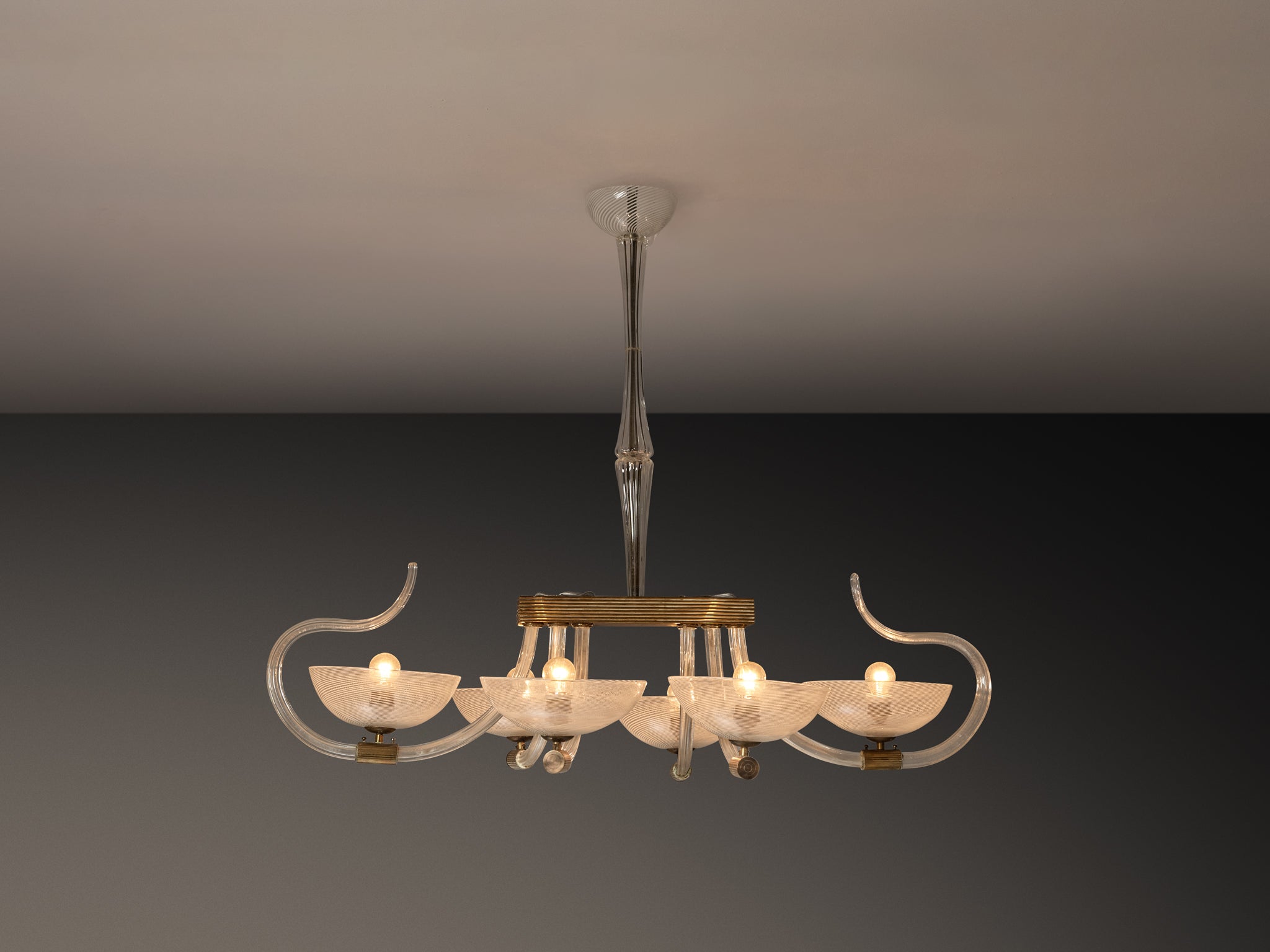 Exceptional Italian Art Deco Chandelier with Murano Filigrana Glass Lighting Morentz