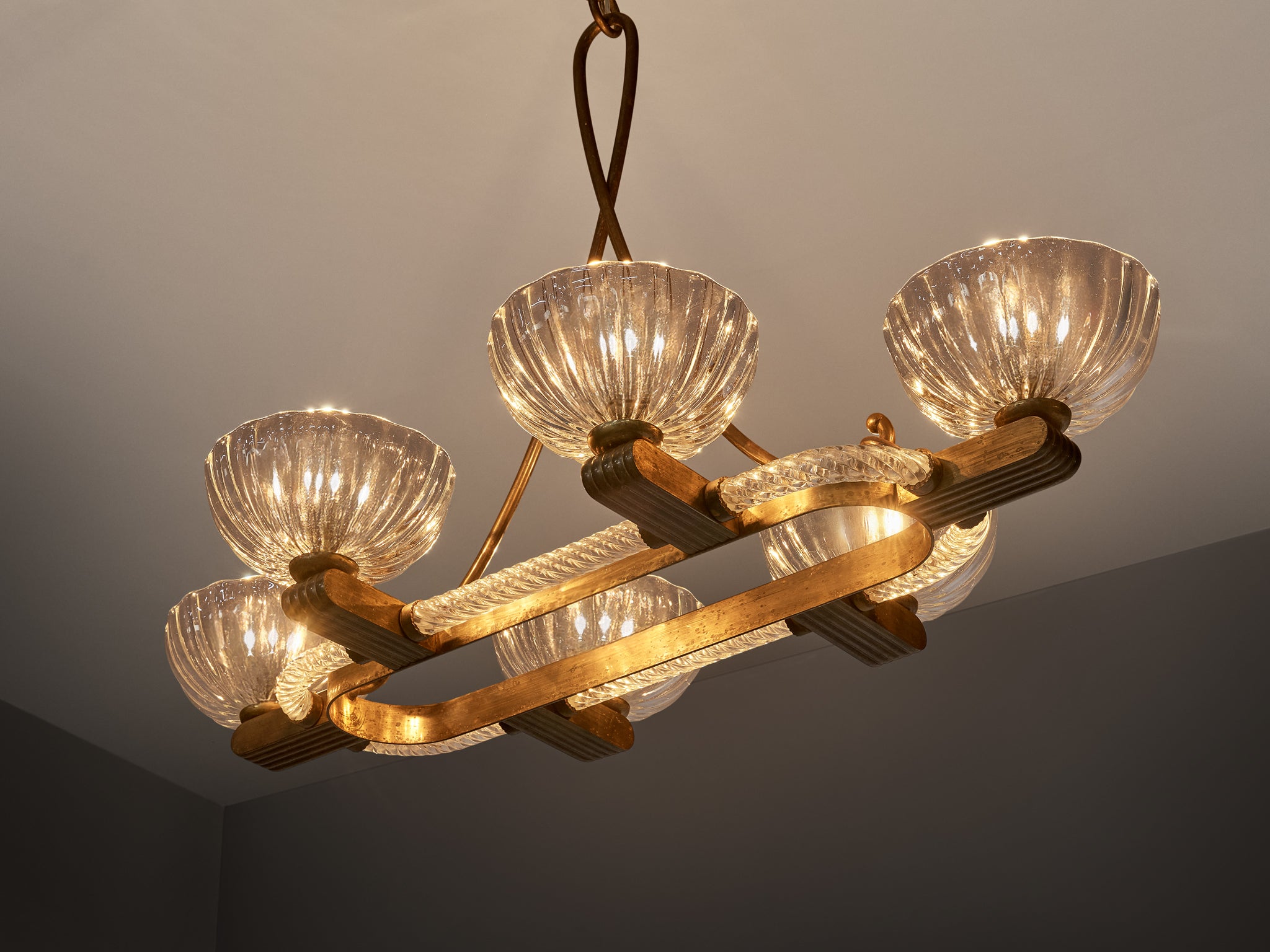 Barovier & Toso Italian Chandelier in Crystal Glass and Brass