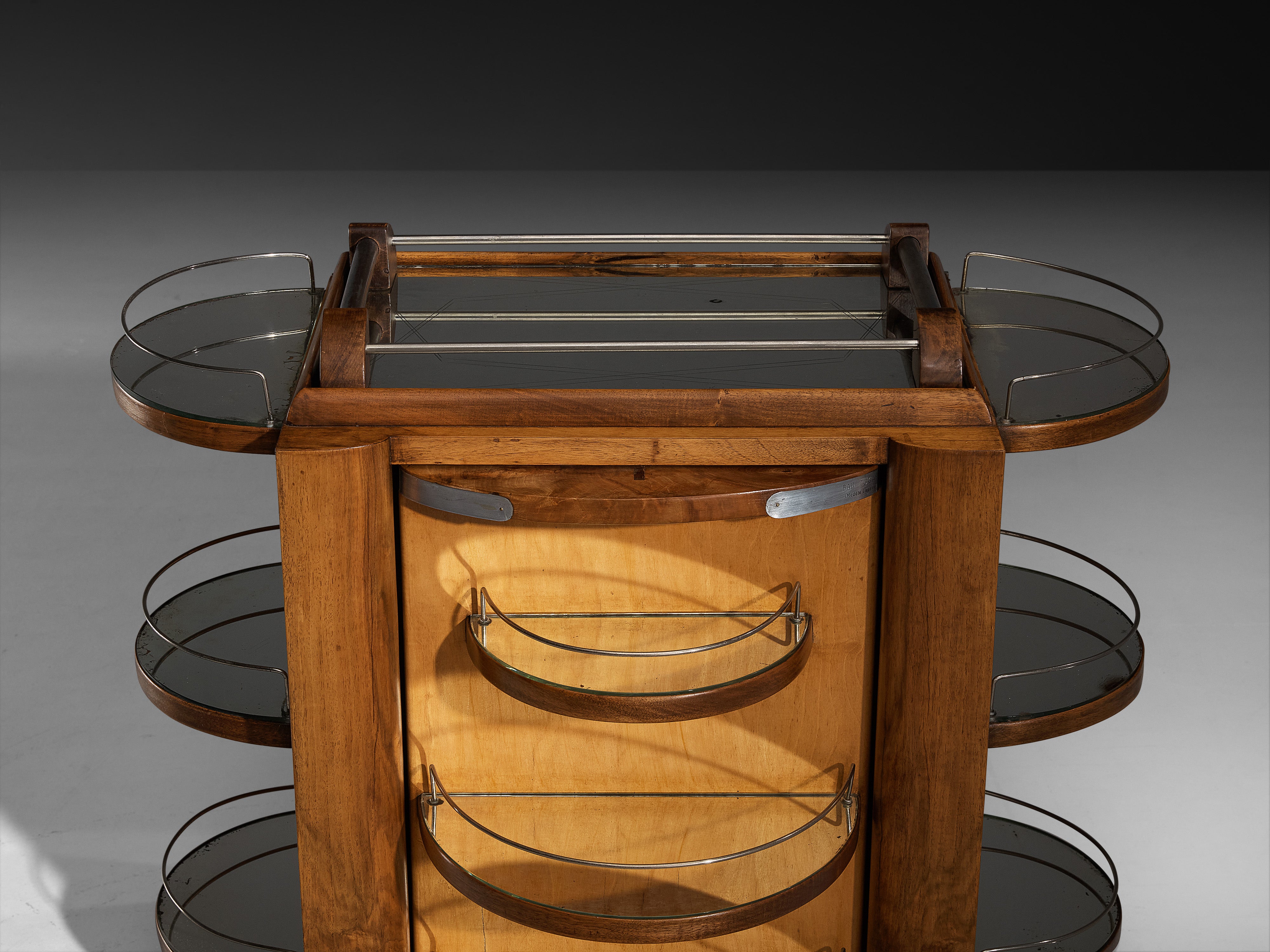 Mid-Century Modern French Bar Cart in Walnut and Mirrored Glass Tables Morentz