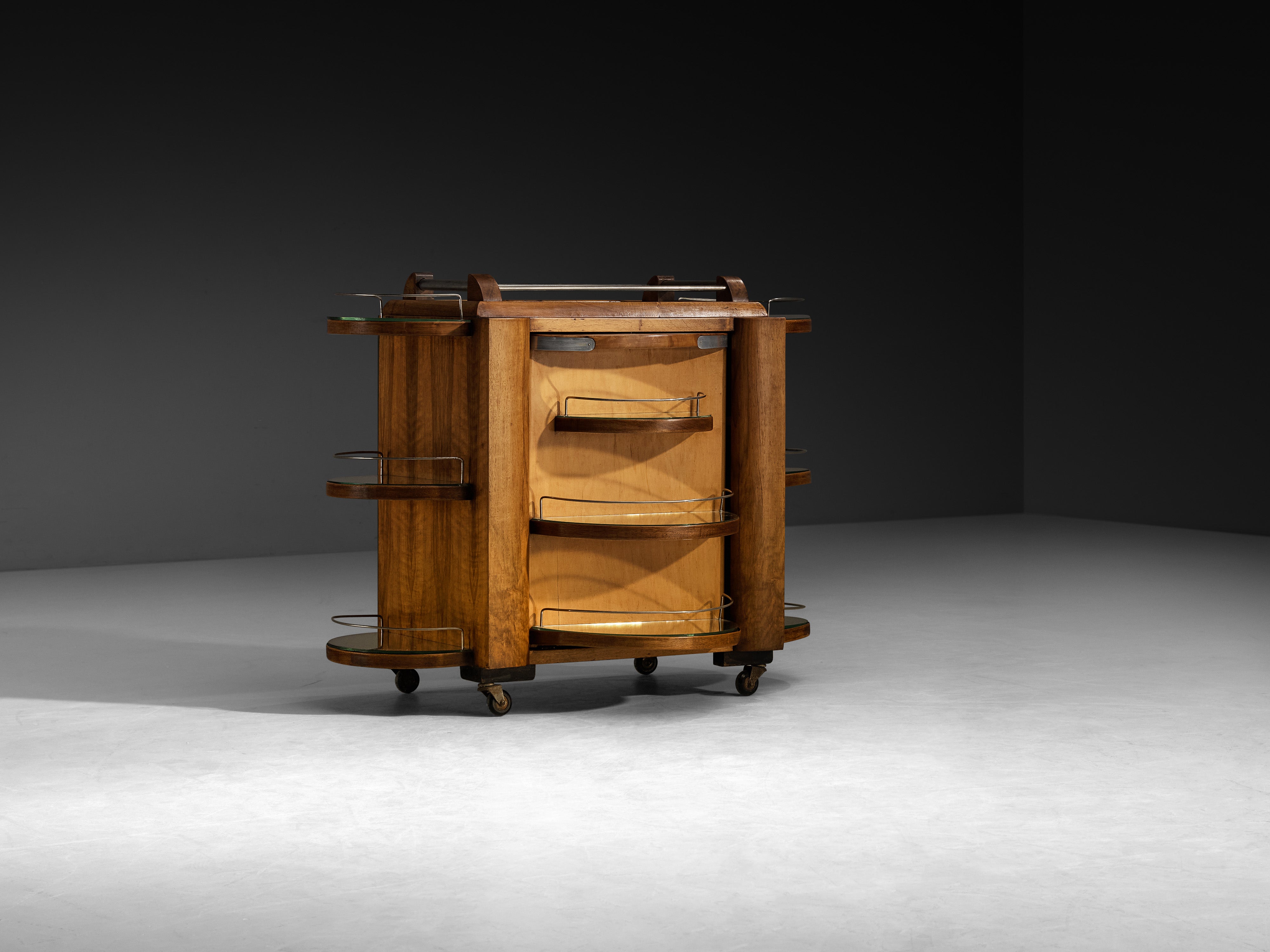 Mid-Century Modern French Bar Cart in Walnut and Mirrored Glass Tables Morentz