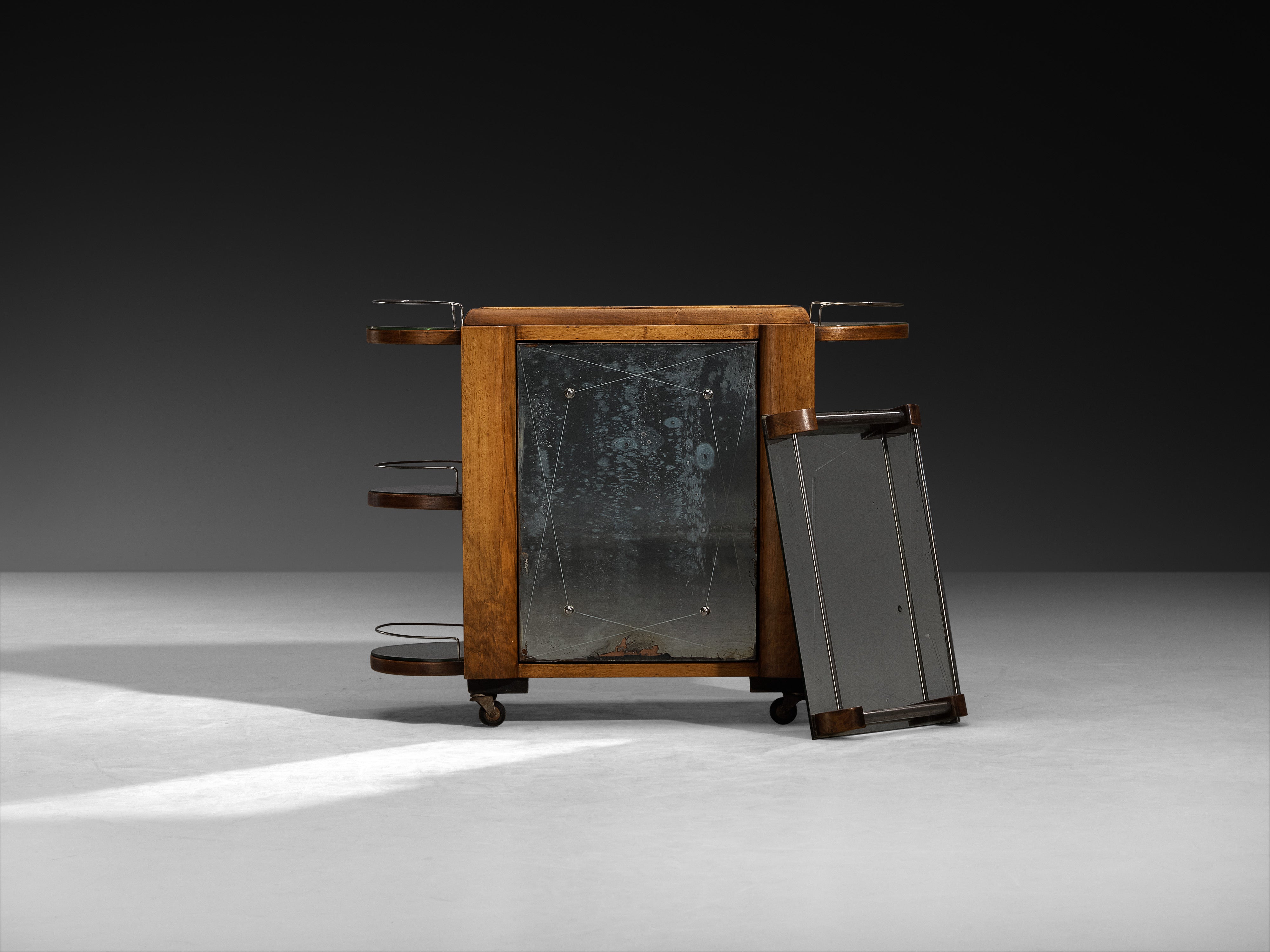 Mid-Century Modern French Bar Cart in Walnut and Mirrored Glass Tables Morentz