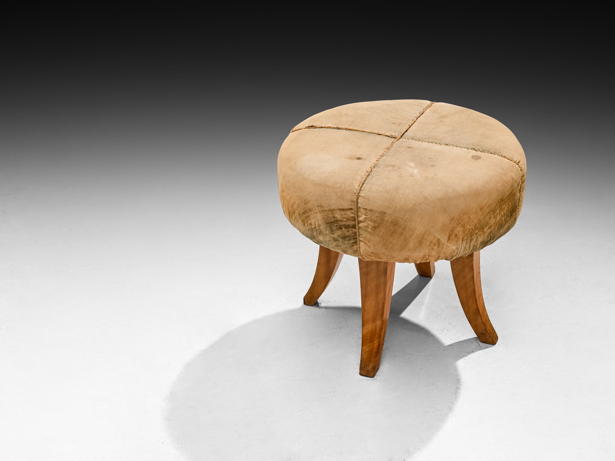 Art Deco Stool or Ottoman in Elm Wood and Beige Fabric Seating Morentz
