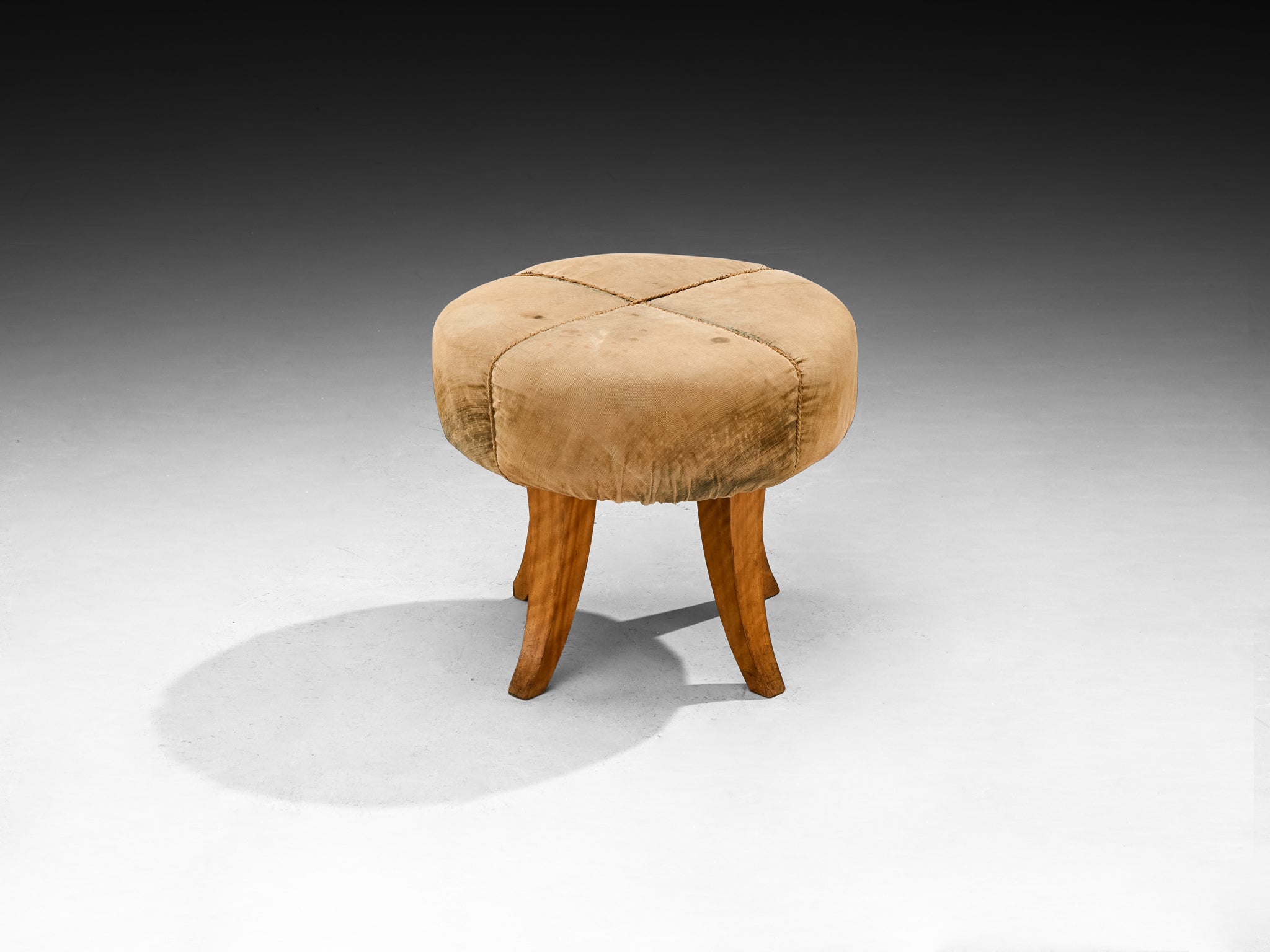 Art Deco Stool or Ottoman in Elm Wood and Beige Fabric Seating Morentz