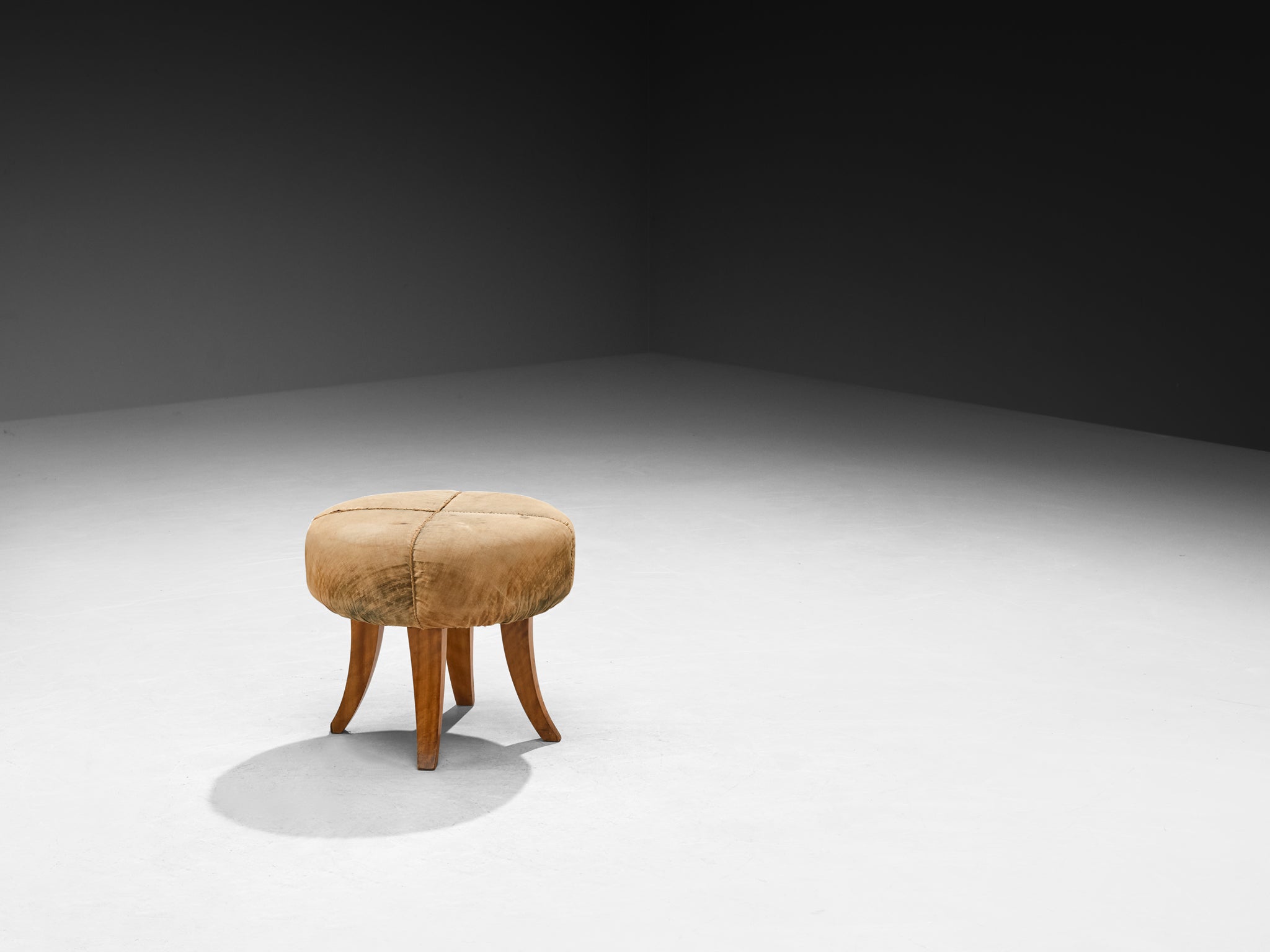 Art Deco Stool or Ottoman in Elm Wood and Beige Fabric Seating Morentz