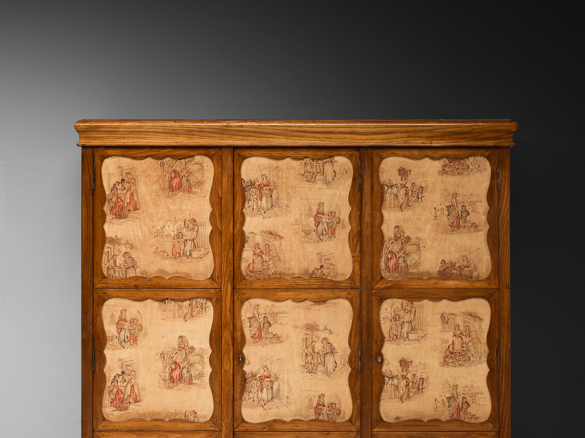 Italian Mid-Century Modern Highboard with Illustrated Fabric Panels in Chestnut Case pieces and storage cabinets Morentz