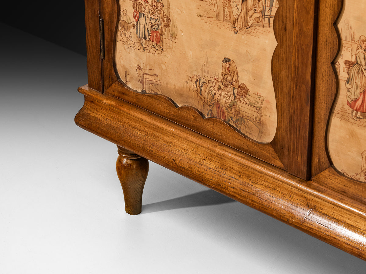 Italian Mid-Century Modern Highboard with Illustrated Fabric Panels in Chestnut Case pieces and storage cabinets Morentz