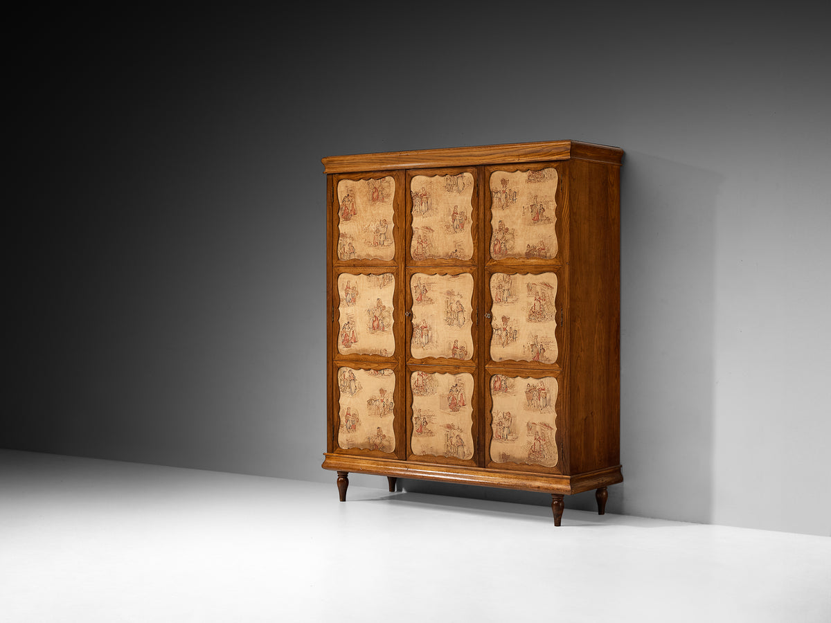Italian Mid-Century Modern Highboard with Illustrated Fabric Panels in Chestnut Case pieces and storage cabinets Morentz