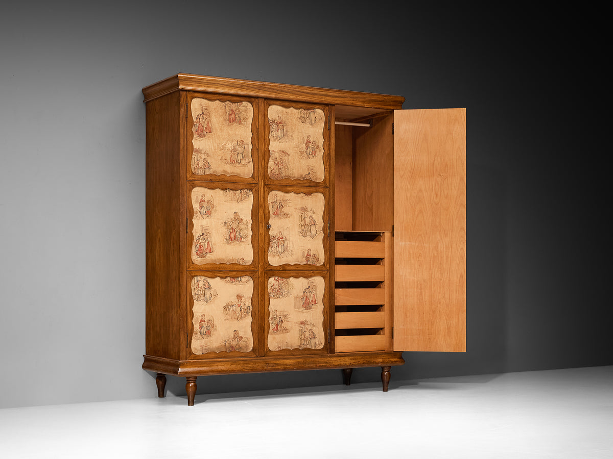 Italian Mid-Century Modern Highboard with Illustrated Fabric Panels in Chestnut Case pieces and storage cabinets Morentz