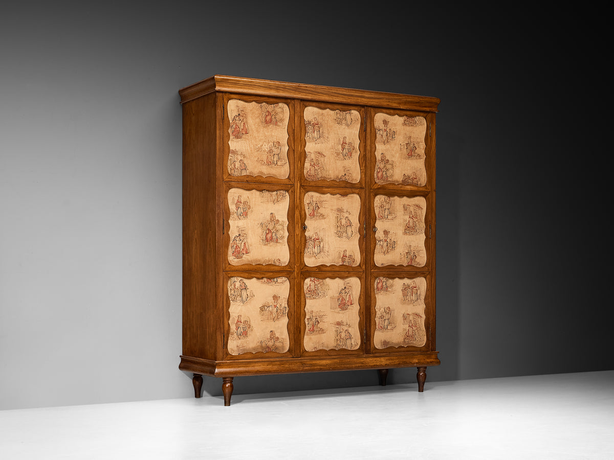 Italian Mid-Century Modern Highboard with Illustrated Fabric Panels in Chestnut Case pieces and storage cabinets Morentz