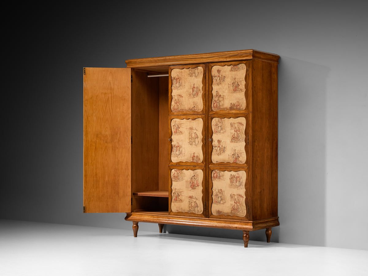 Italian Mid-Century Modern Highboard with Illustrated Fabric Panels in Chestnut Case pieces and storage cabinets Morentz