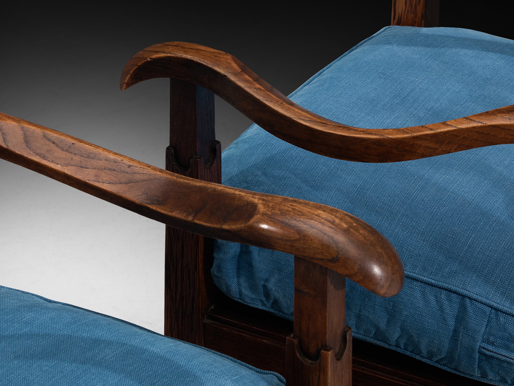 Ernesto Valabrega for Vittorio Valabrega Lounge Chairs in Oak and Blue Upholstery Seating Morentz