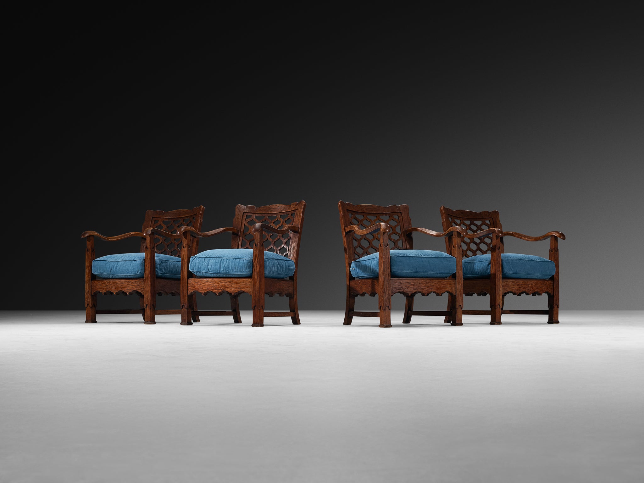 Ernesto Valabrega for Vittorio Valabrega Lounge Chairs in Oak and Blue Upholstery Seating Morentz