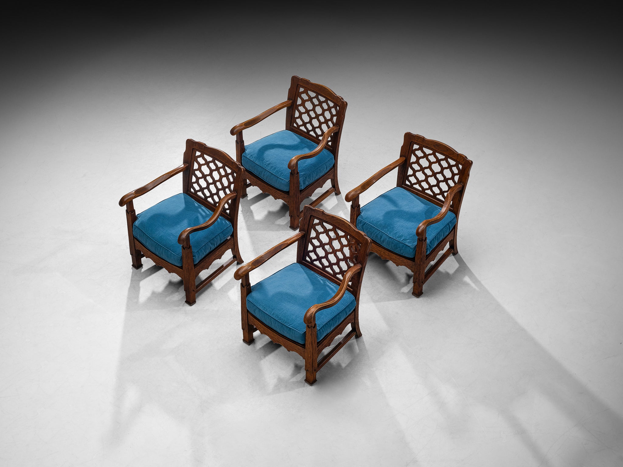 Ernesto Valabrega for Vittorio Valabrega Lounge Chairs in Oak and Blue Upholstery Seating Morentz