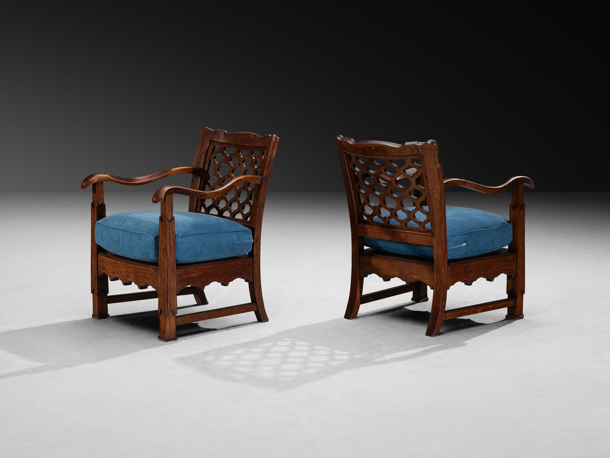Ernesto Valabrega for Vittorio Valabrega Lounge Chairs in Oak and Blue Upholstery Seating Morentz