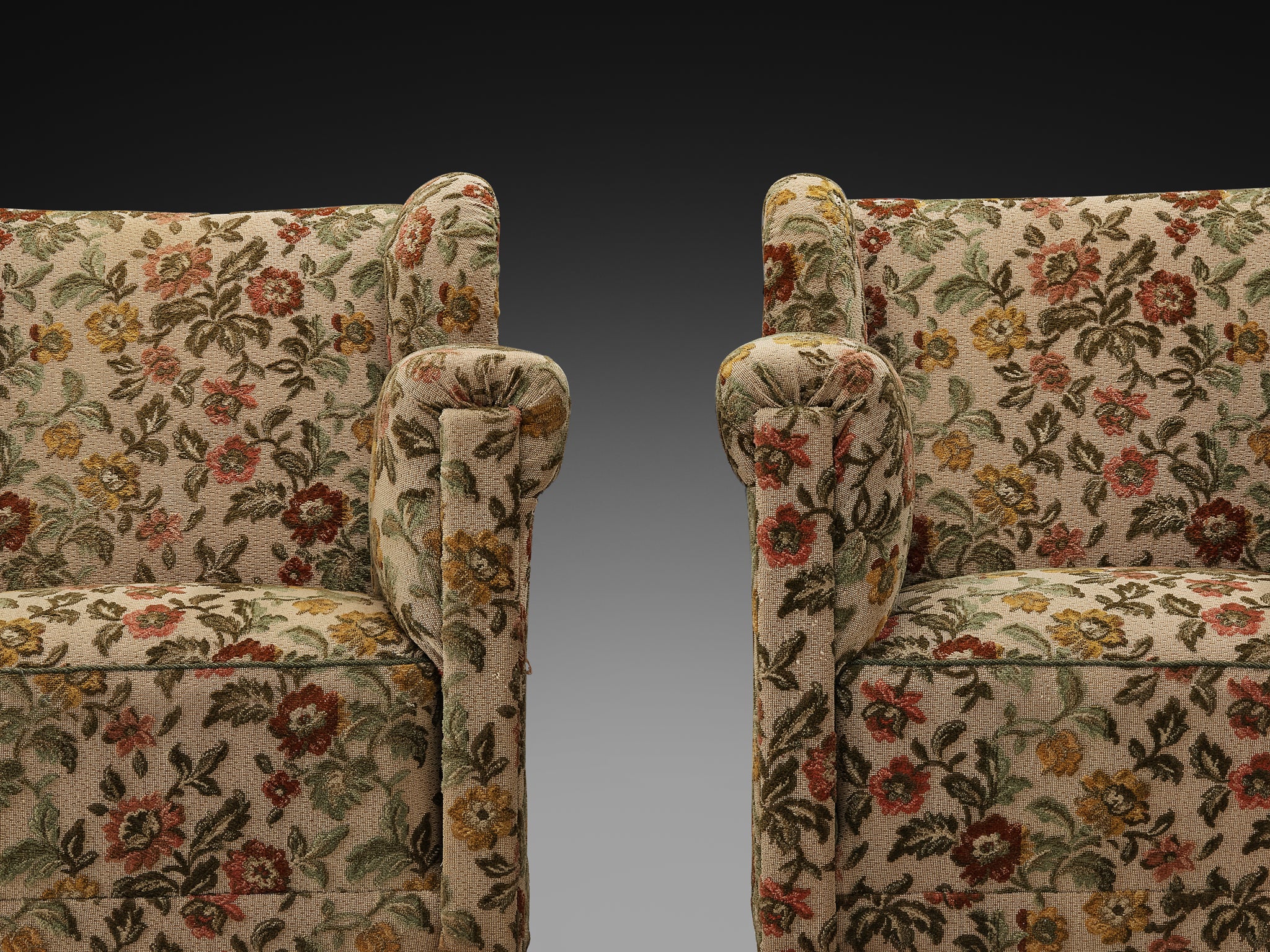 Pair of Mid-Century Lounge Chairs in Floral Upholstery with Quirky Feet Seating Morentz