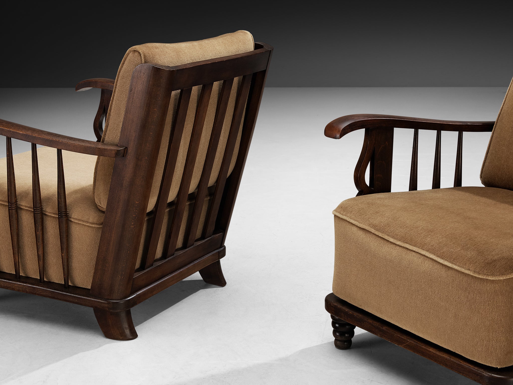 1940s Armchairs with Beech Wood Frames and Mocca Colored Upholstery Seating Morentz