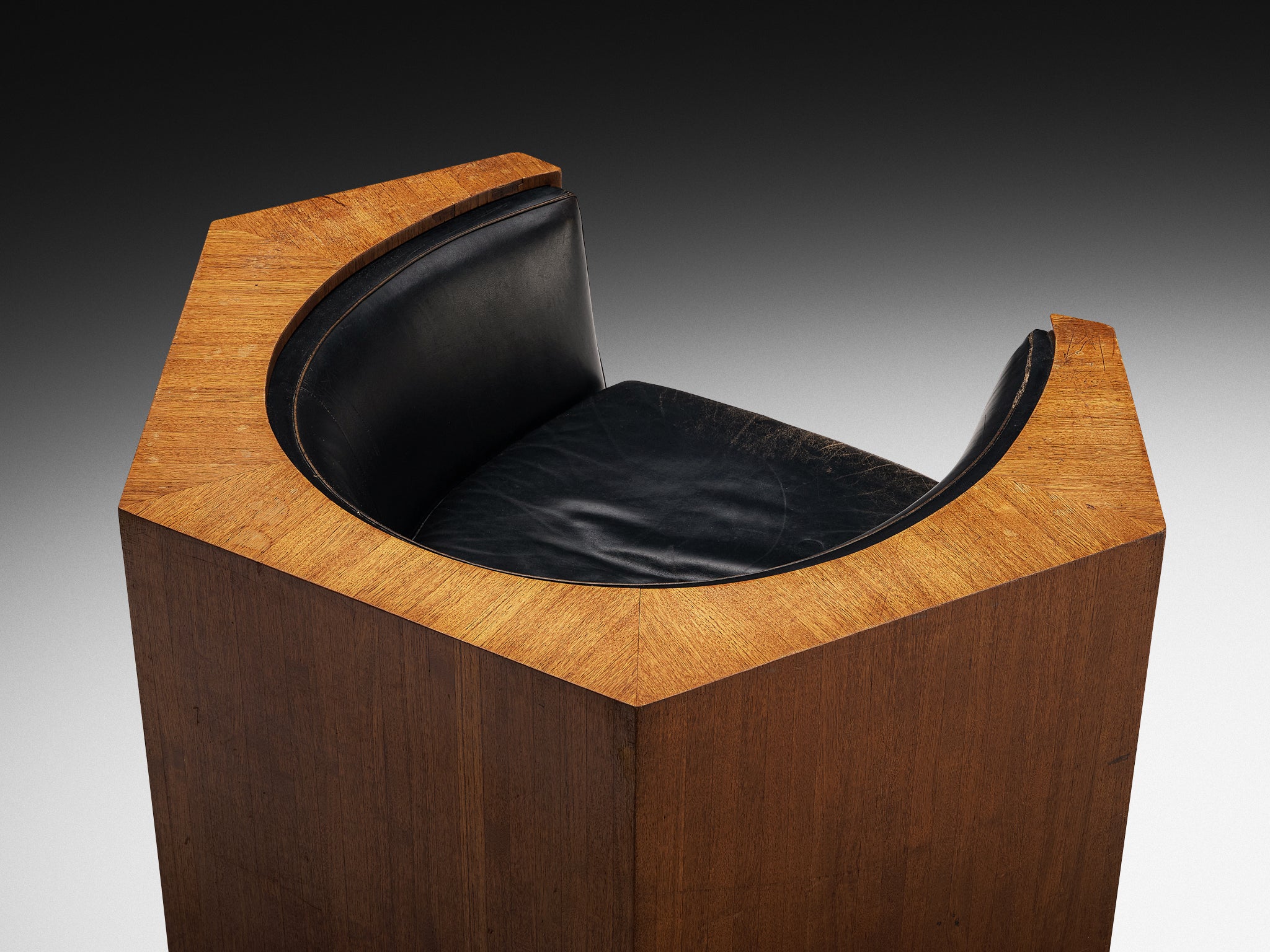 1970s Club Chair in Teak and Black Leather Seating Morentz