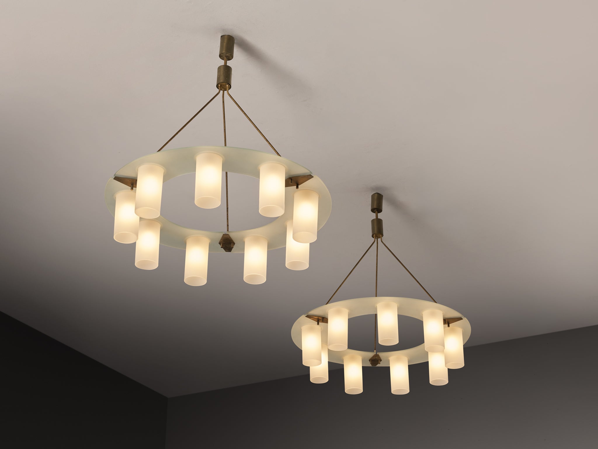 1950s Mid-Century Modern Italian Chandeliers in Satin Glass and Brass Lighting Morentz