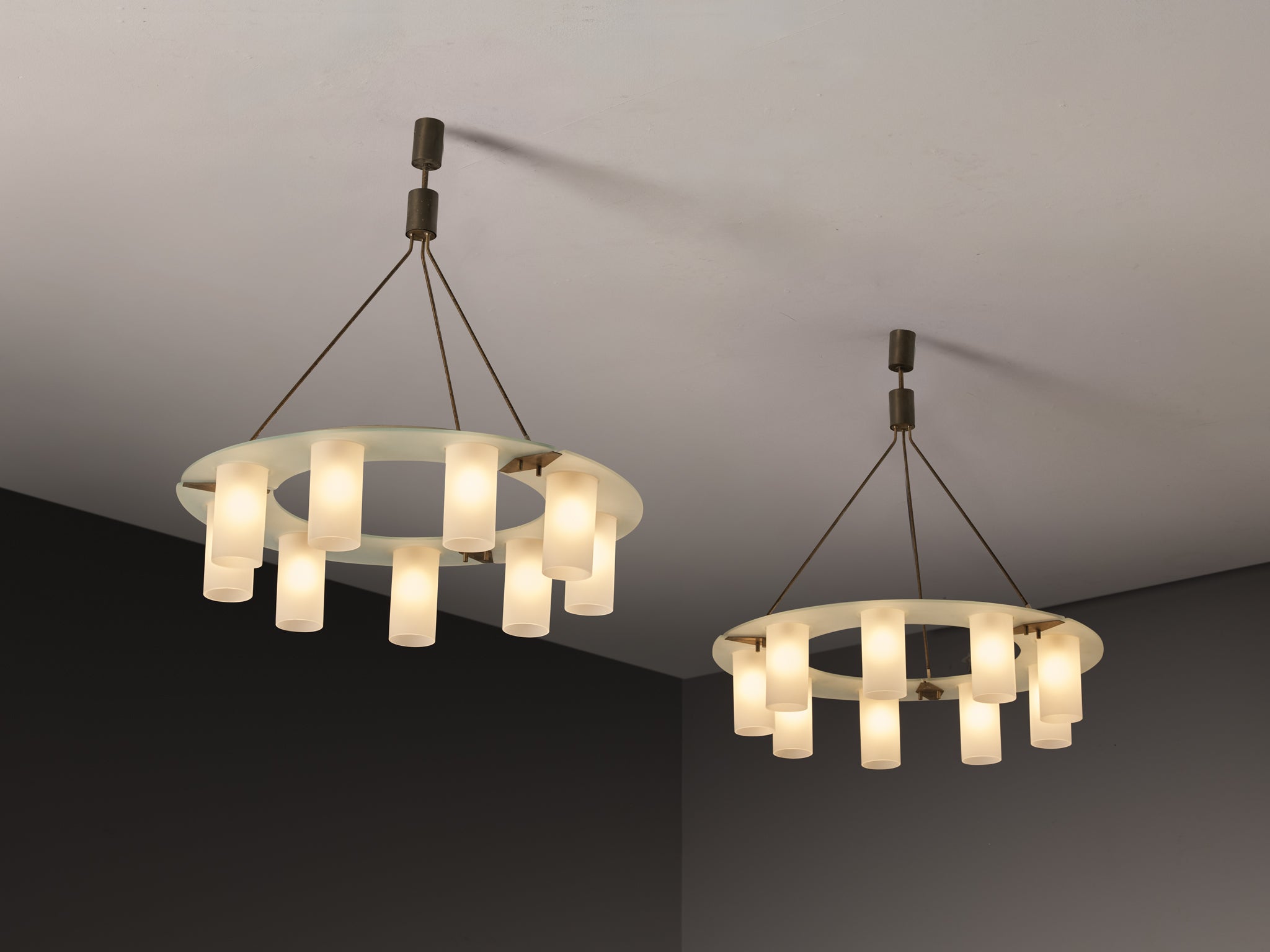1950s Mid-Century Modern Italian Chandeliers in Satin Glass and Brass Lighting Morentz