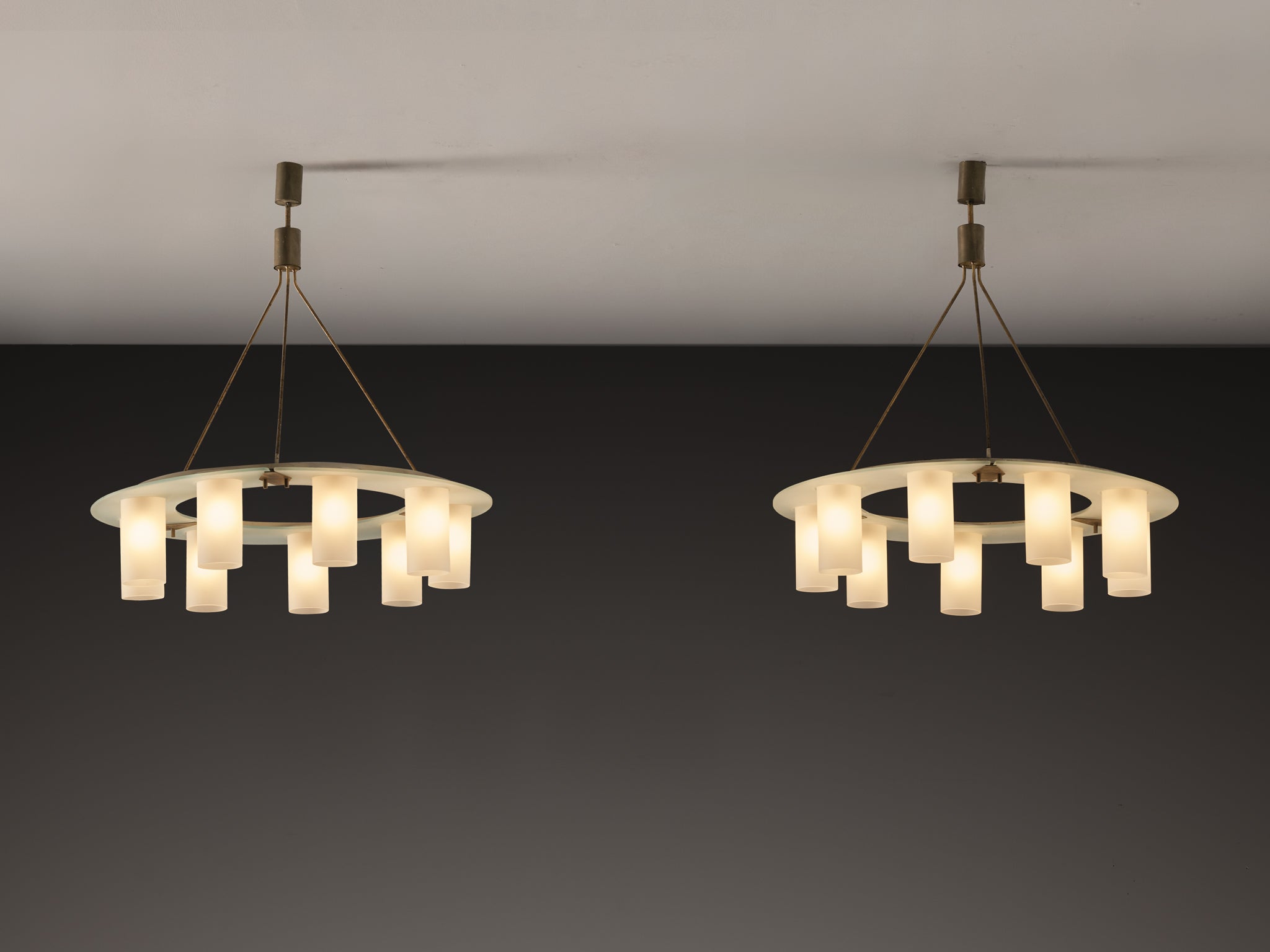 1950s Mid-Century Modern Italian Chandeliers in Satin Glass and Brass Lighting Morentz
