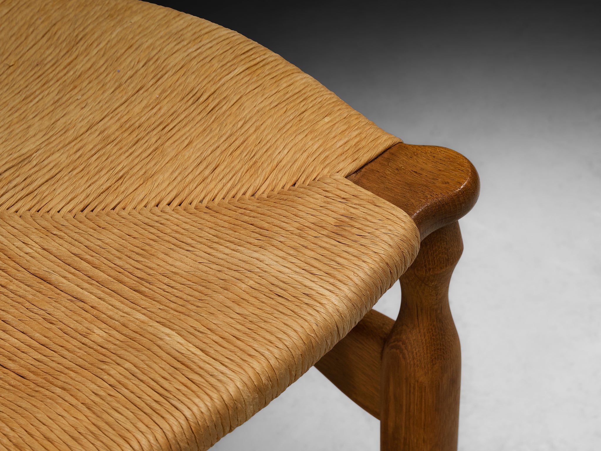 Guillerme & Chambron Set of Six Dining Chairs in Solid Oak and Rush Seating Morentz