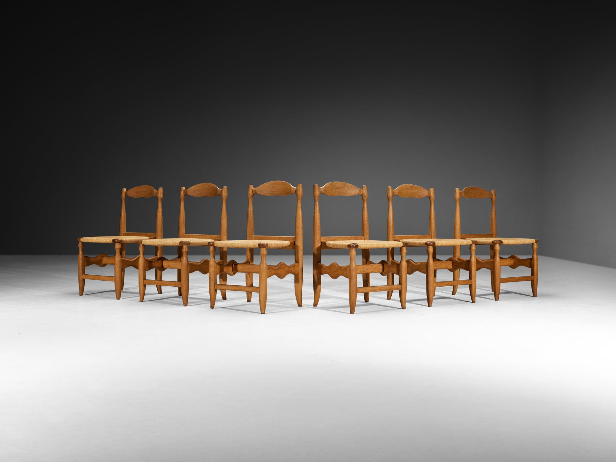 Guillerme & Chambron Set of Six Dining Chairs in Solid Oak and Rush Seating Morentz