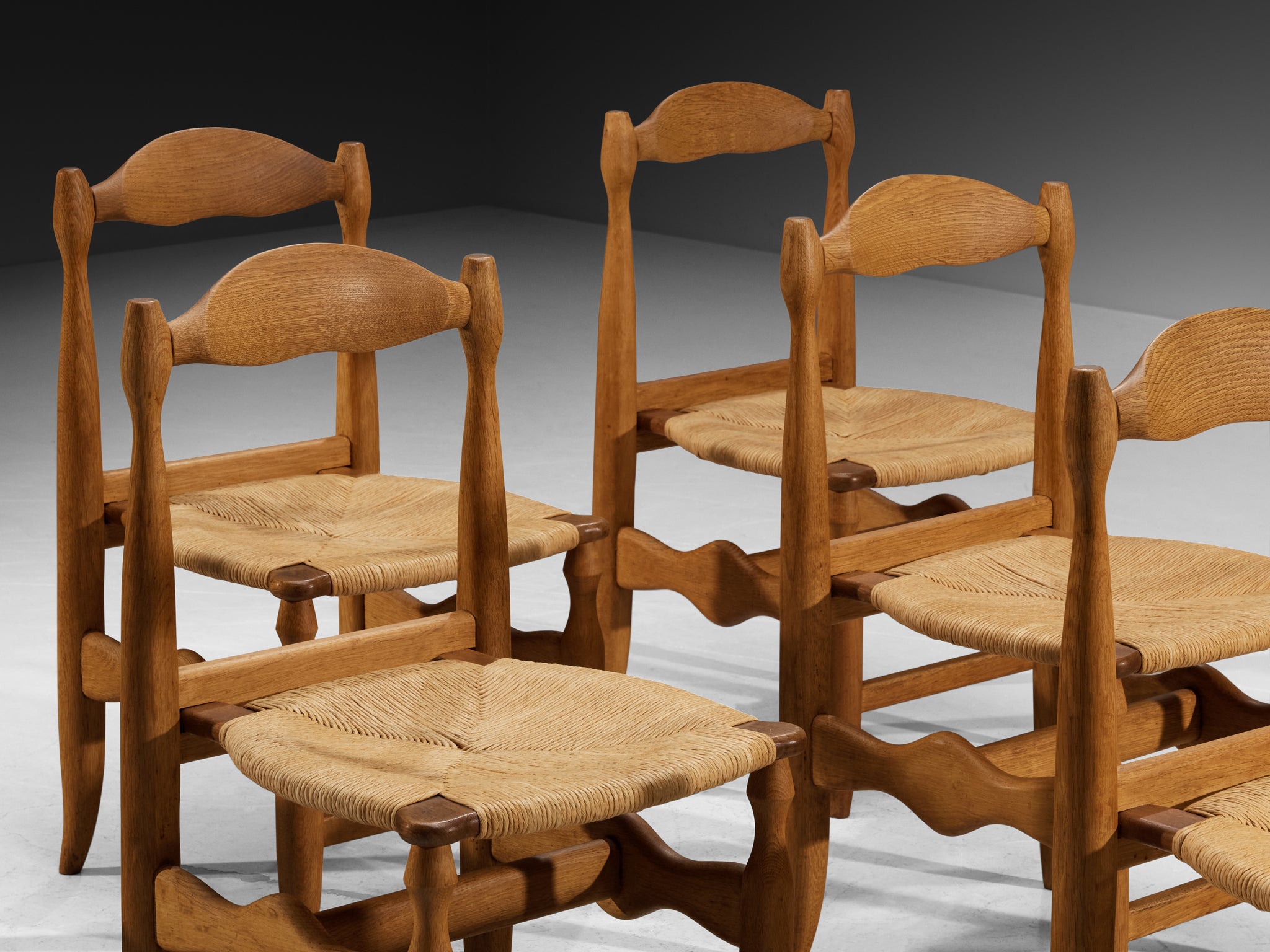 Guillerme & Chambron Set of Six Dining Chairs in Solid Oak and Rush Seating Morentz