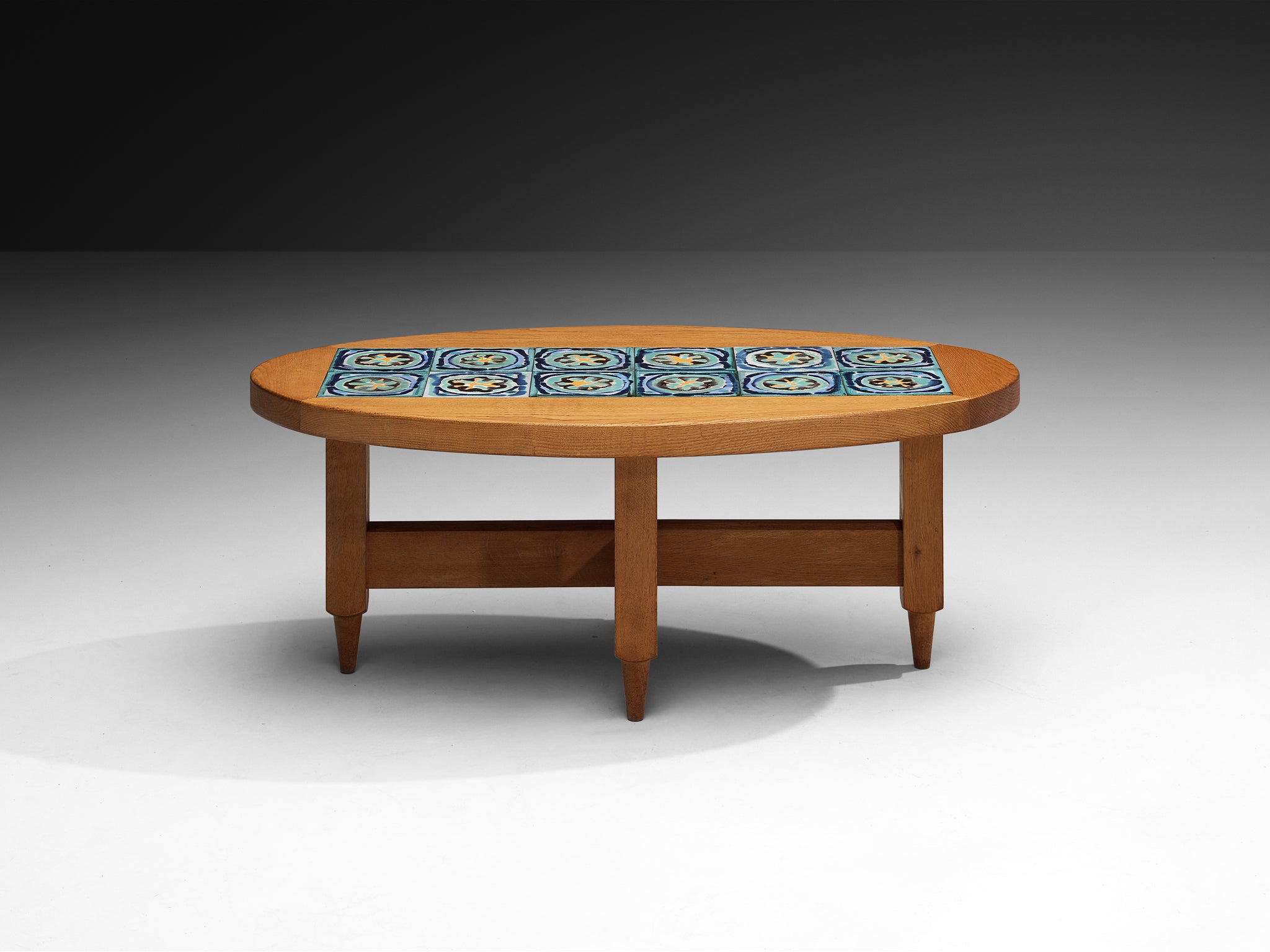 Guillerme & Chambron for Votre Maison Coffee Table in Oak and Blue Ceramic Tiles Tables Morentz