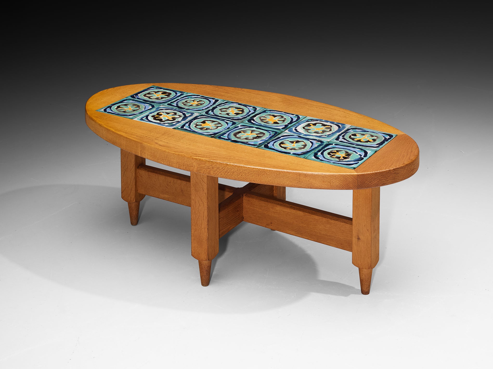 Guillerme & Chambron for Votre Maison Coffee Table in Oak and Blue Ceramic Tiles Tables Morentz