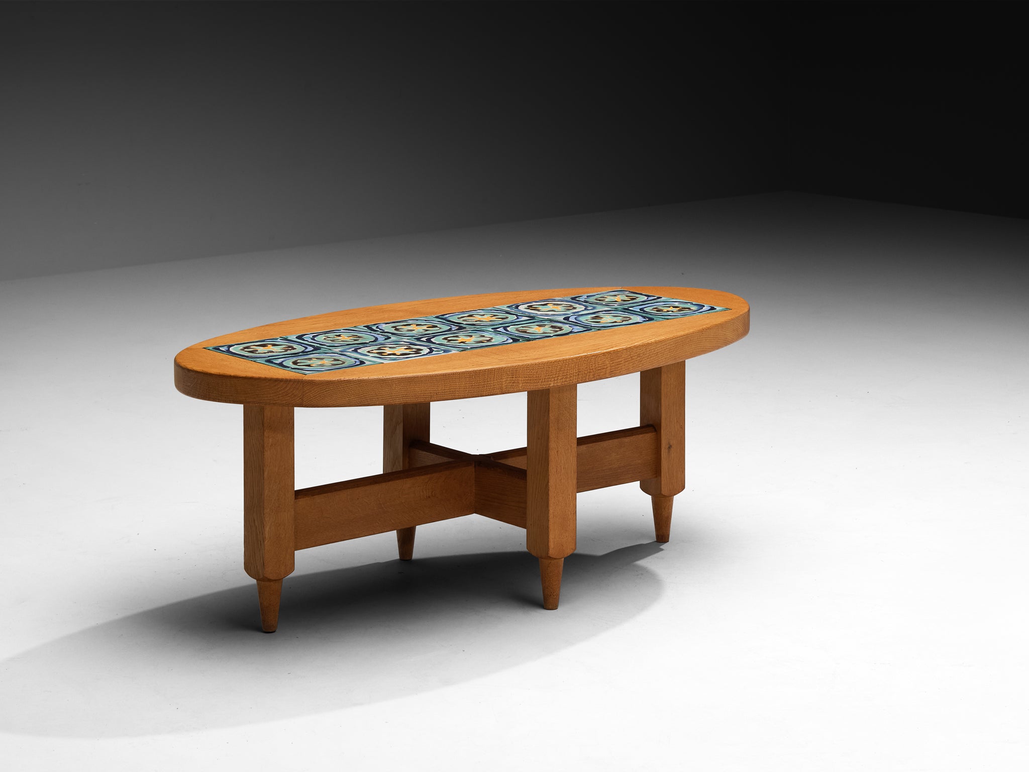 Guillerme & Chambron for Votre Maison Coffee Table in Oak and Blue Ceramic Tiles Tables Morentz