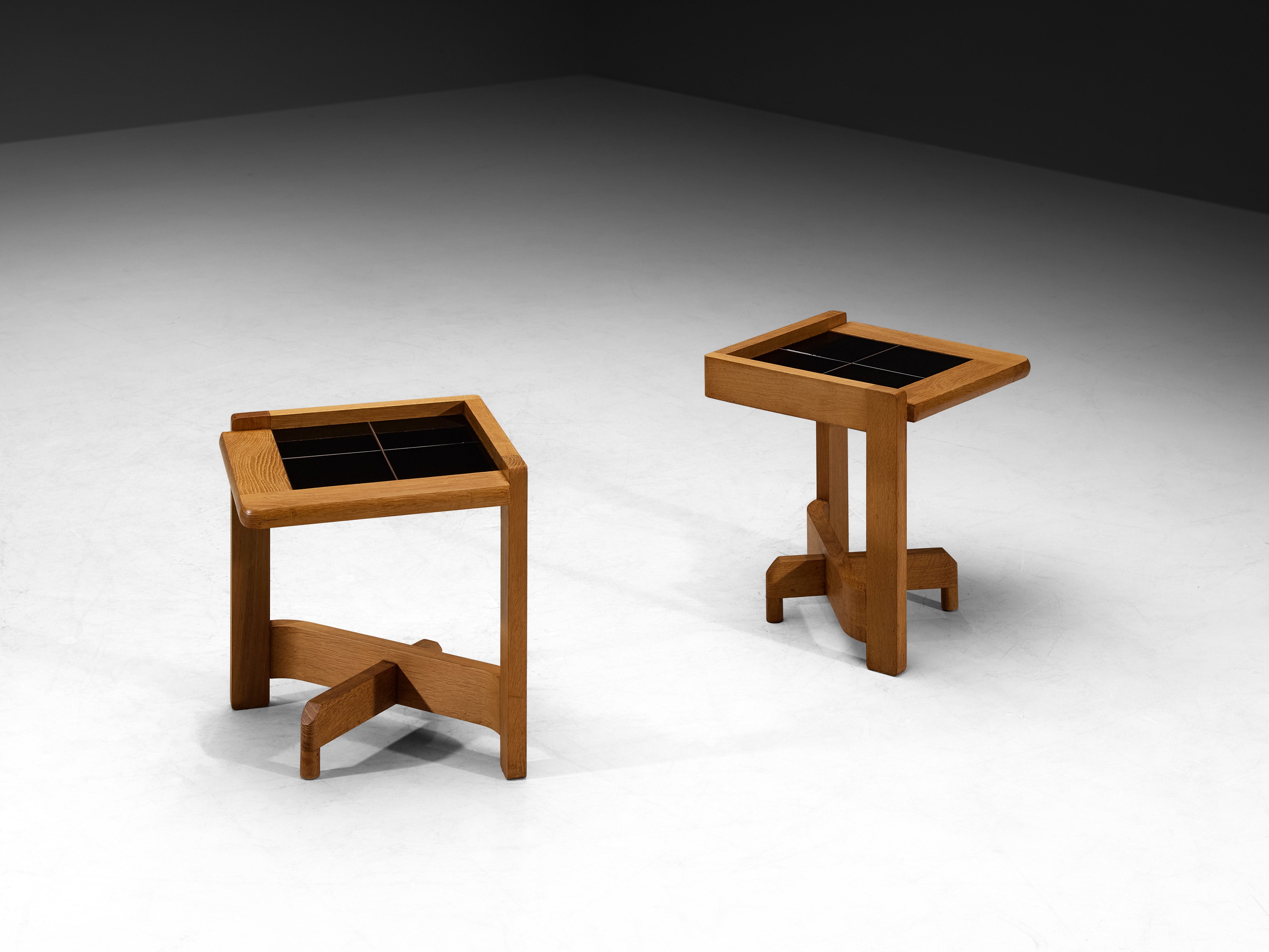 Guillerme & Chambron Pair of Side Tables in Solid Oak and Ceramic Tables Morentz
