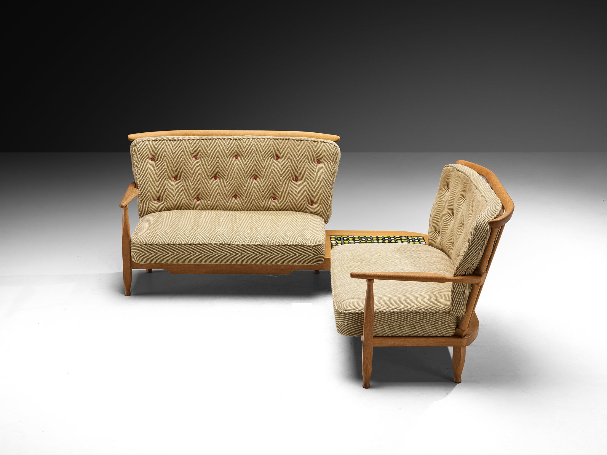 Guillerme & Chambron Curved Sofa Set with Table in Oak and Ceramic Seating Morentz