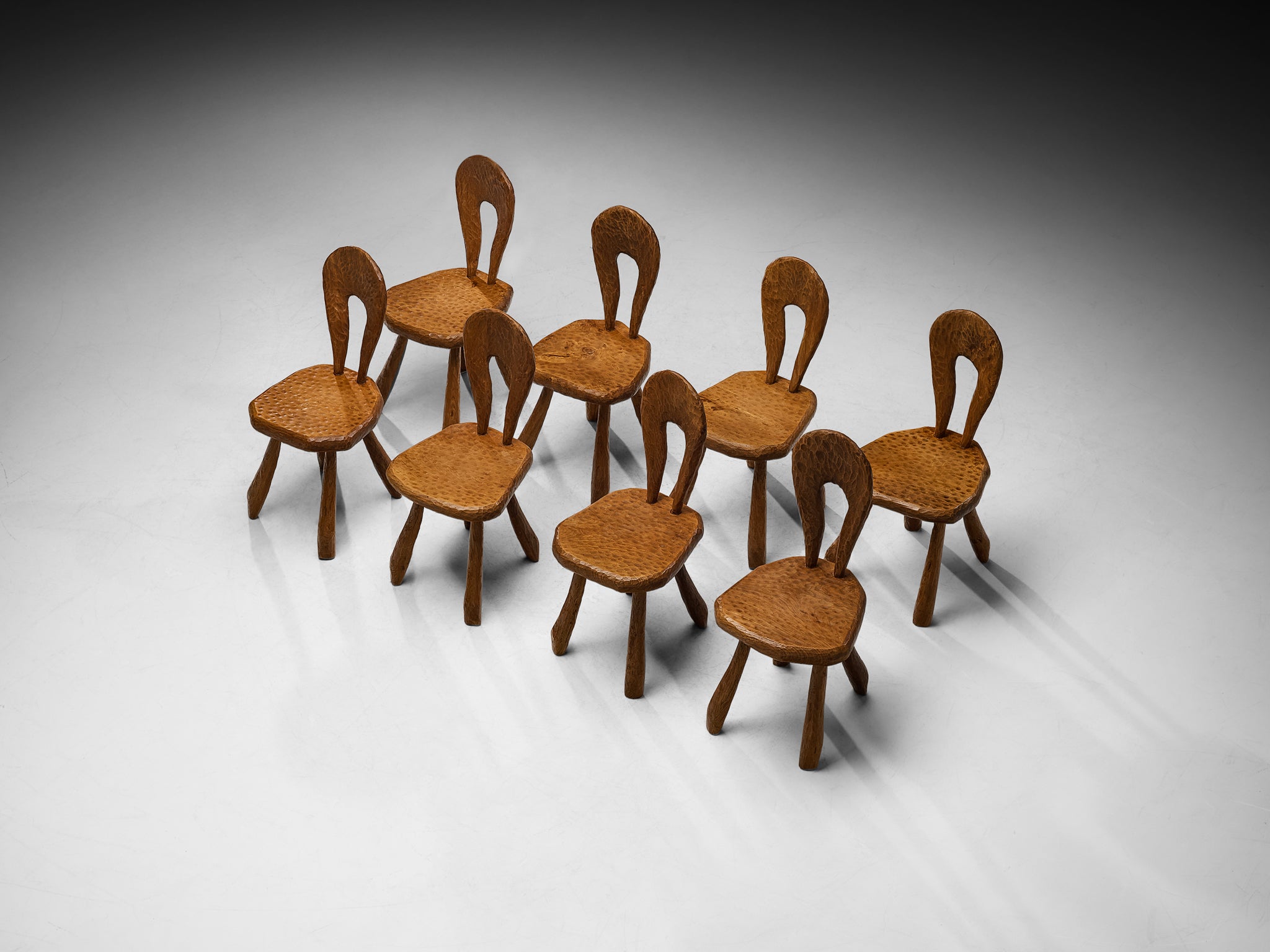 Brutalist French Set of Eight Dining Chairs in Gouge Solid Elm by Cabinetmaker Seating Morentz