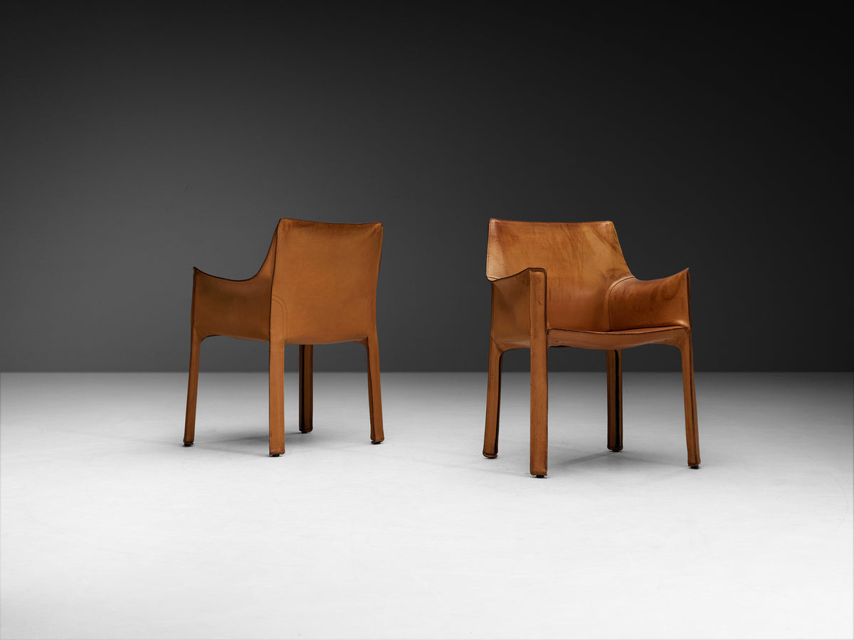Mario Bellini Set of Four 'CAB 413' Dining Chairs in Patinated Cognac Leather Seating Morentz