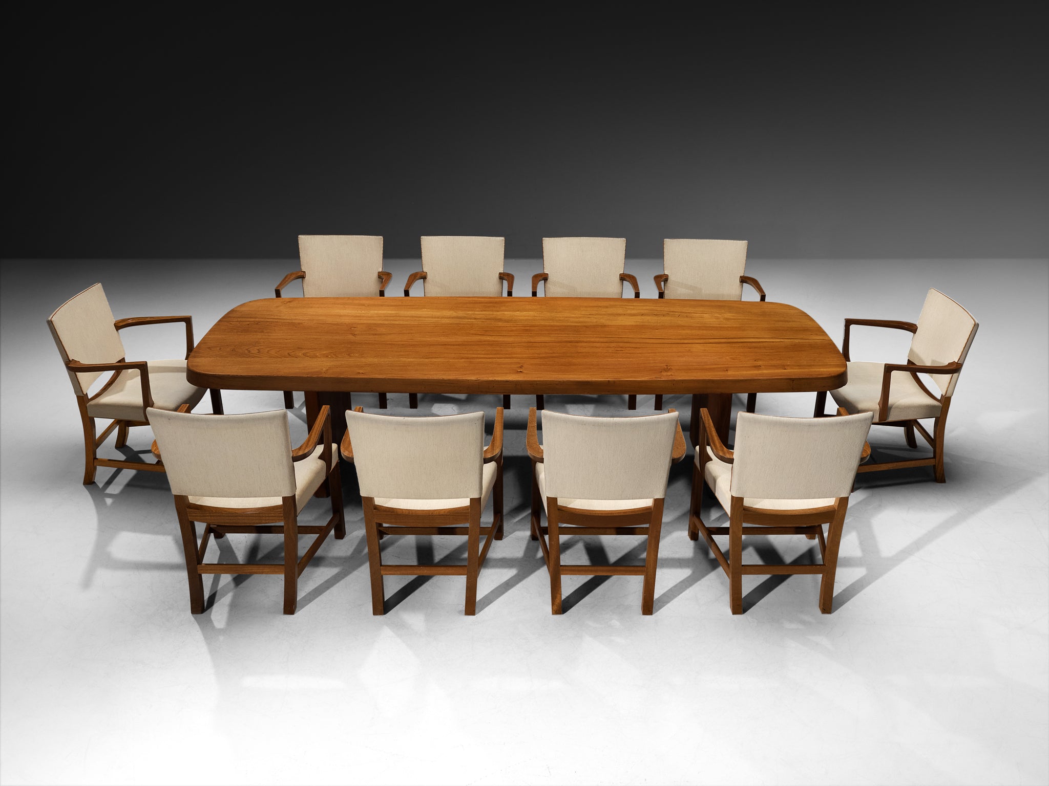 Pierre Chapo Large 'T20B' Dining Table with Set of Ten Kaare Klint Dining Chairs Tables Morentz