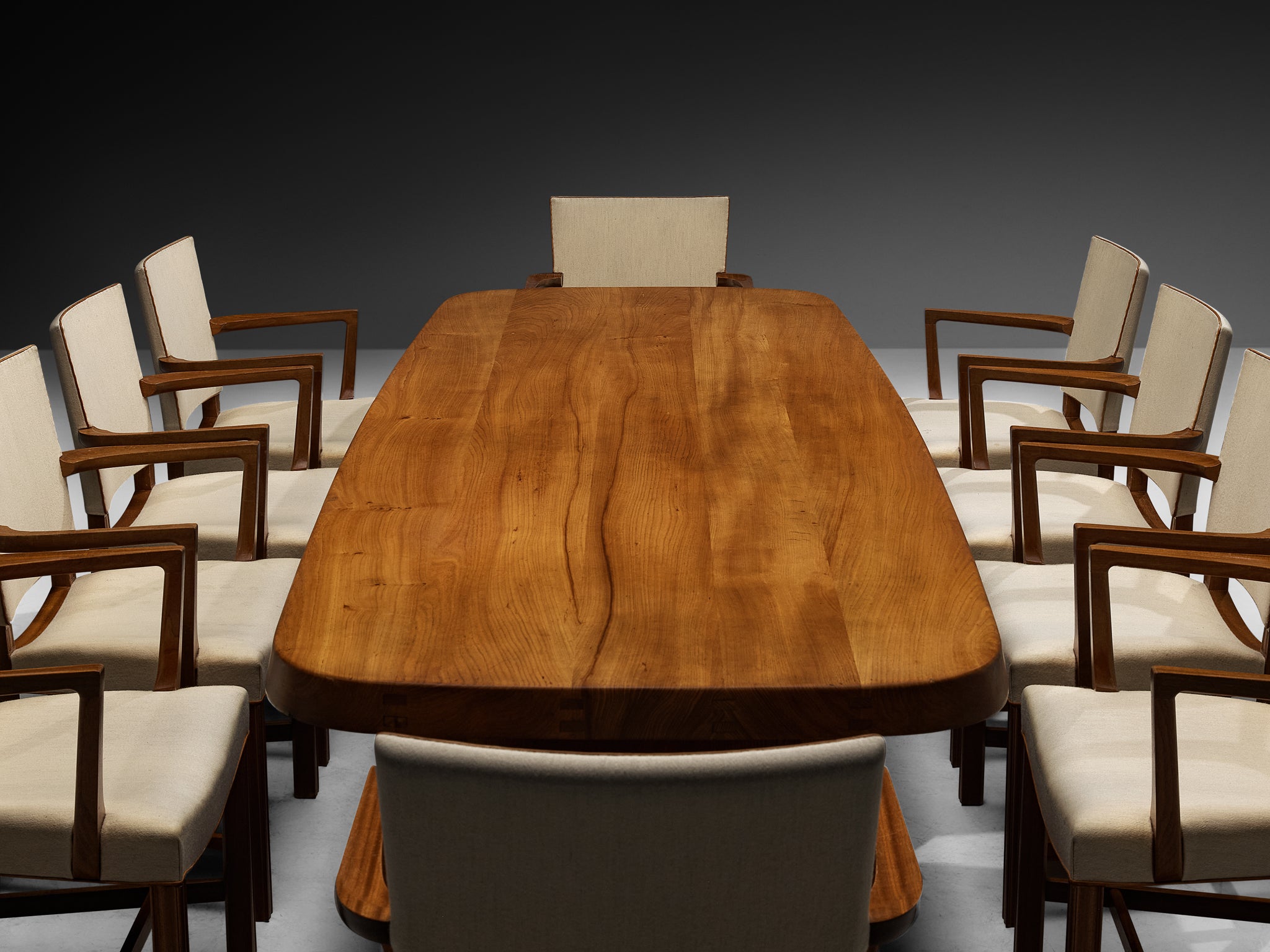 Pierre Chapo Large 'T20B' Dining Table with Set of Ten Kaare Klint Dining Chairs Tables Morentz