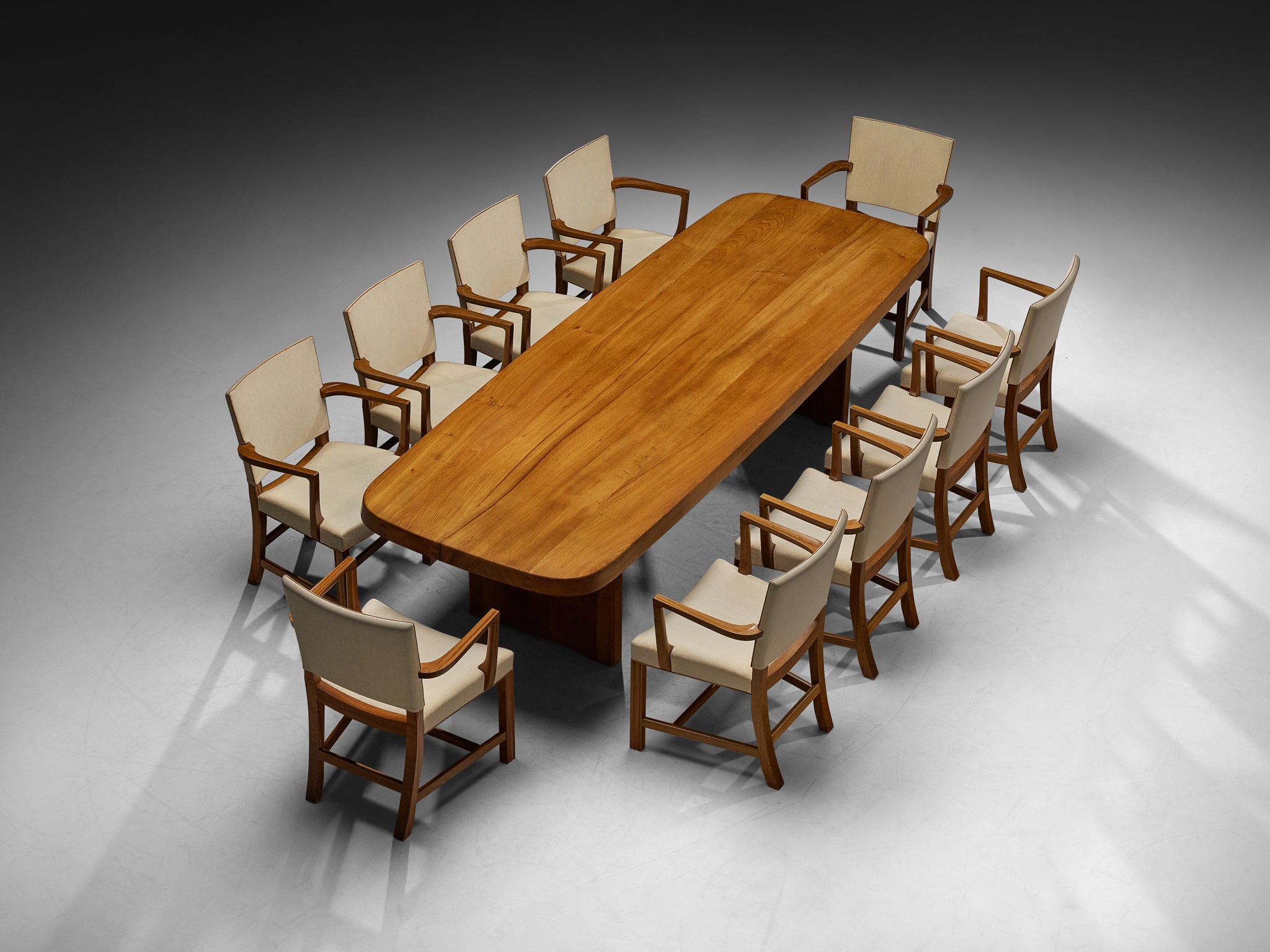 Pierre Chapo Large 'T20B' Dining Table with Set of Ten Kaare Klint Dining Chairs Tables Morentz